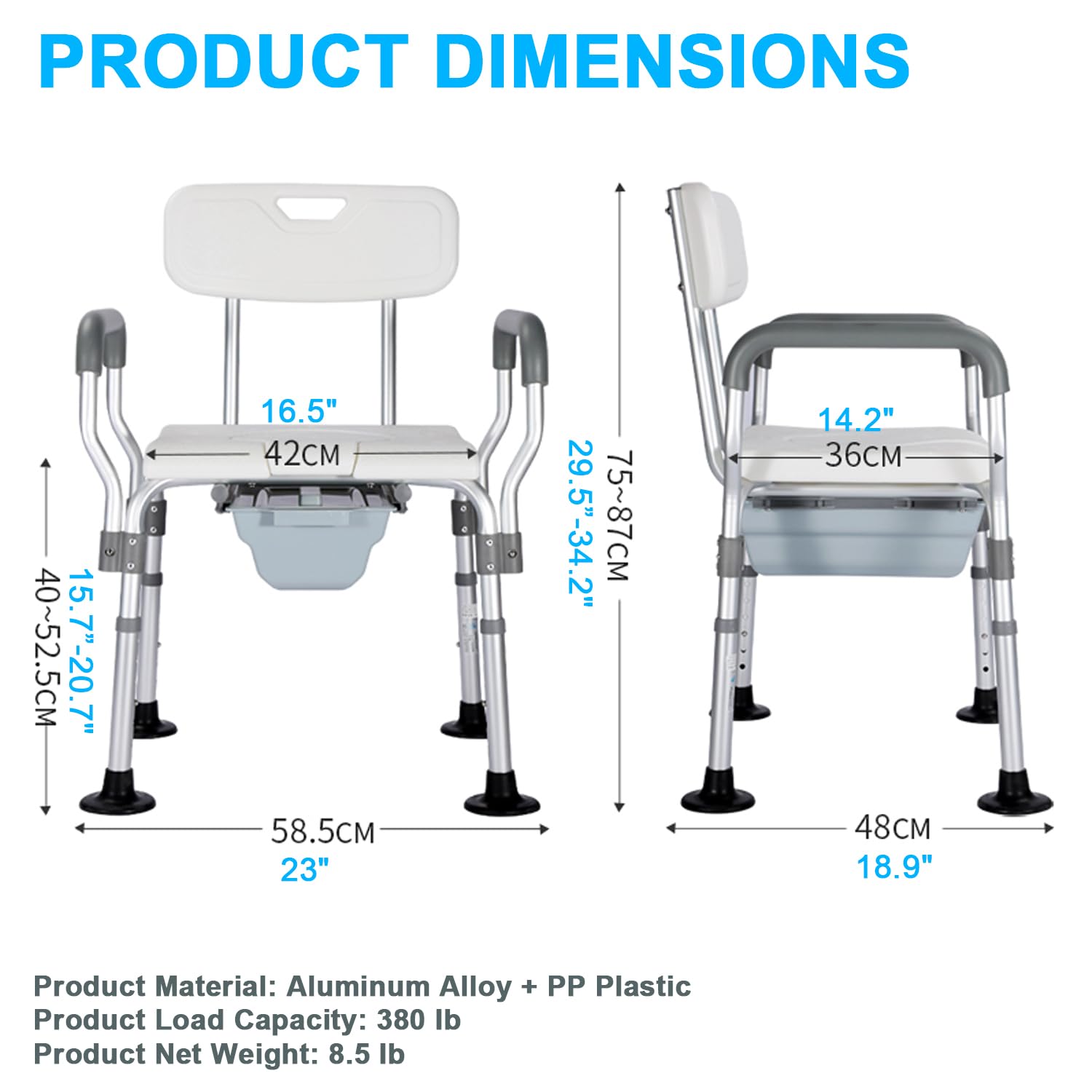 Silla de ducha 4 en 1, silla de ducha ajustable en altura con reposabrazos, cubo extraíble con marco de aluminio resistente, asiento de inodoro portátil para personas mayores, adultos discapacitados
