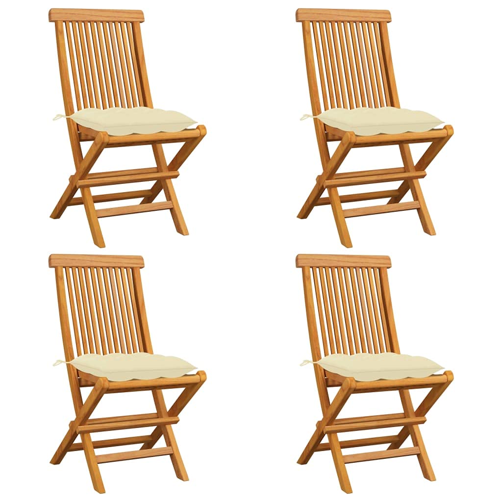 Juego de 4 sillas de jardín plegables de teca maciza con cojín de asiento para exteriores, 47 x 60 x 89 cm, resistente a la intemperie, ahorra espacio, plegable, para balcón, terraza y jardín