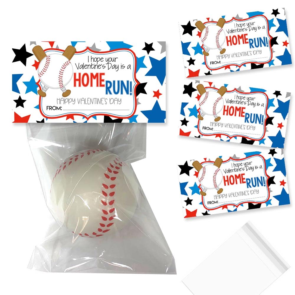 Amanda CreationHome Run Valentine Baseball Themed Happy Valentine's Day Bag Toppers for Party Favor Treat Bags, Set of 20 Bag Toppers With 20 Self-Adhesive Bags Also Included
