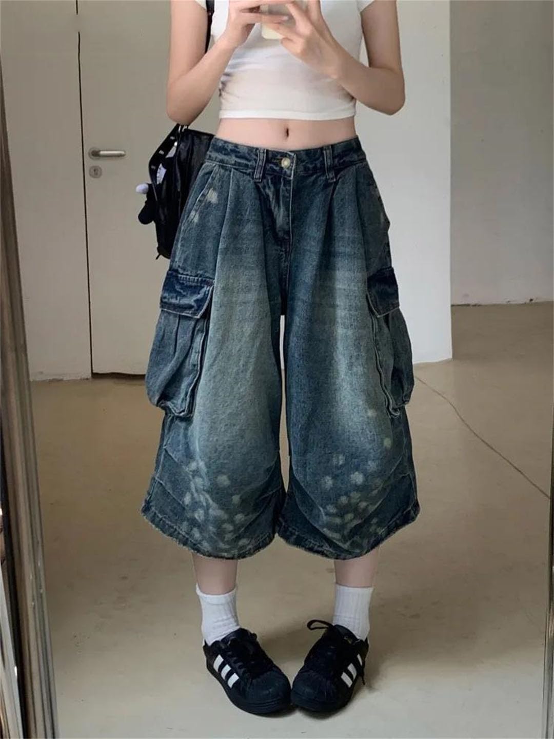 Damskie retro szerokie nogawki workowate spodenki dżinsowe Harajuku sprane luźne dżinsy z wysokim stanem, NIEBIESKI, S