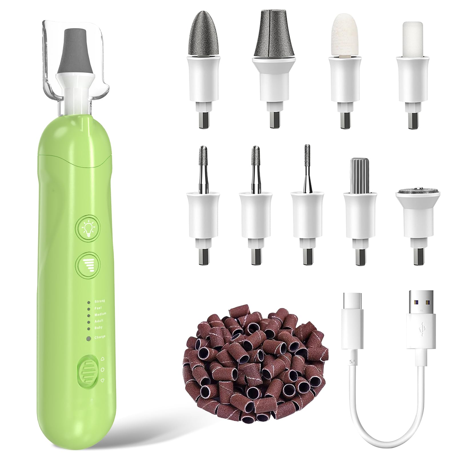 AOMEES Elektrische Nagelfräser Set, Maniküre Pediküre Set Fußpflege Elektrisch mit 9 Aufsätze zur Nagelpflege, mit 5 Geschwindigkeiten, LED Licht, Aufbewahrungstasche (Grasgrün)
