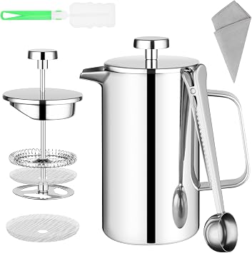 HOTUT Stainless Steel French Press, 350ml Cafetiere French Press Coffee Maker, Double Walled Insulated Coffee Press with Measuring Spoon/Bag Clip/Filters, for Home, Camping and Office, Silver