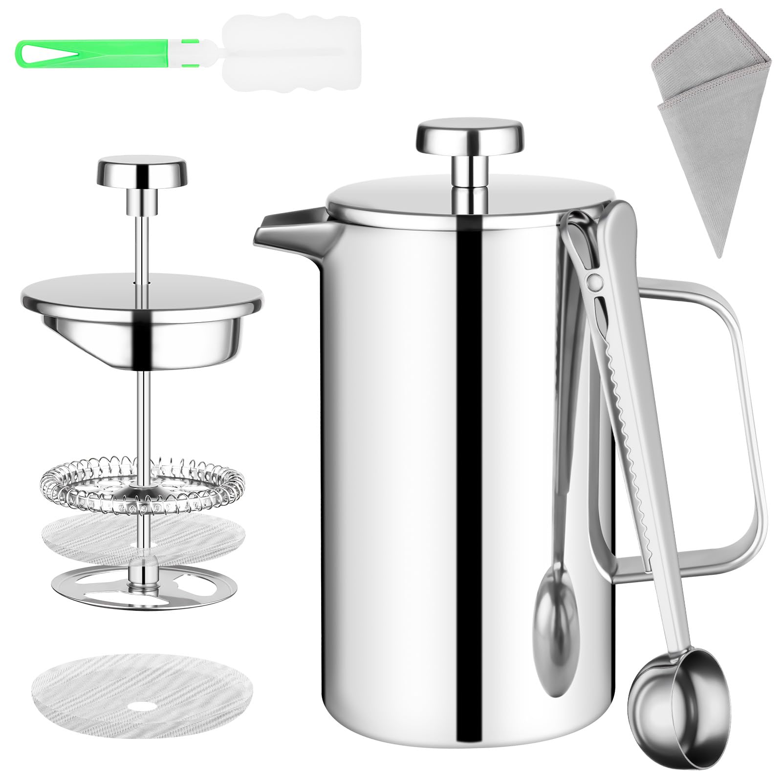 HOTUT French Press, 350ml Caffettiera Francese in Acciaio Inox, Caffettiera Pistone Filtro con 2 Fltri e Cucchiaio, Funzione Termica, Americano Macchina per Caffè o Tè, per 3 Tazze