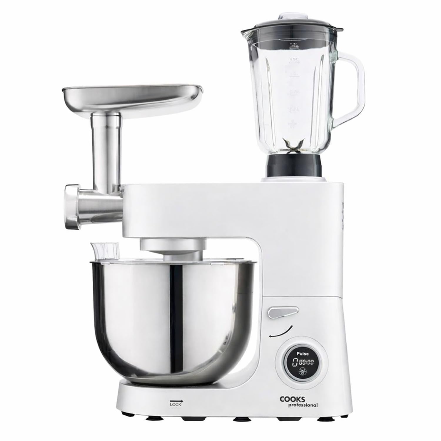 Cooks Professional Multi Function Stand Mixer 1800W with 8L Stainless Steel Bowl, Accessory Kit, Blender & Meat Mincer Capability, 8 Speed Settings, Pulse Function & Digital Control | White