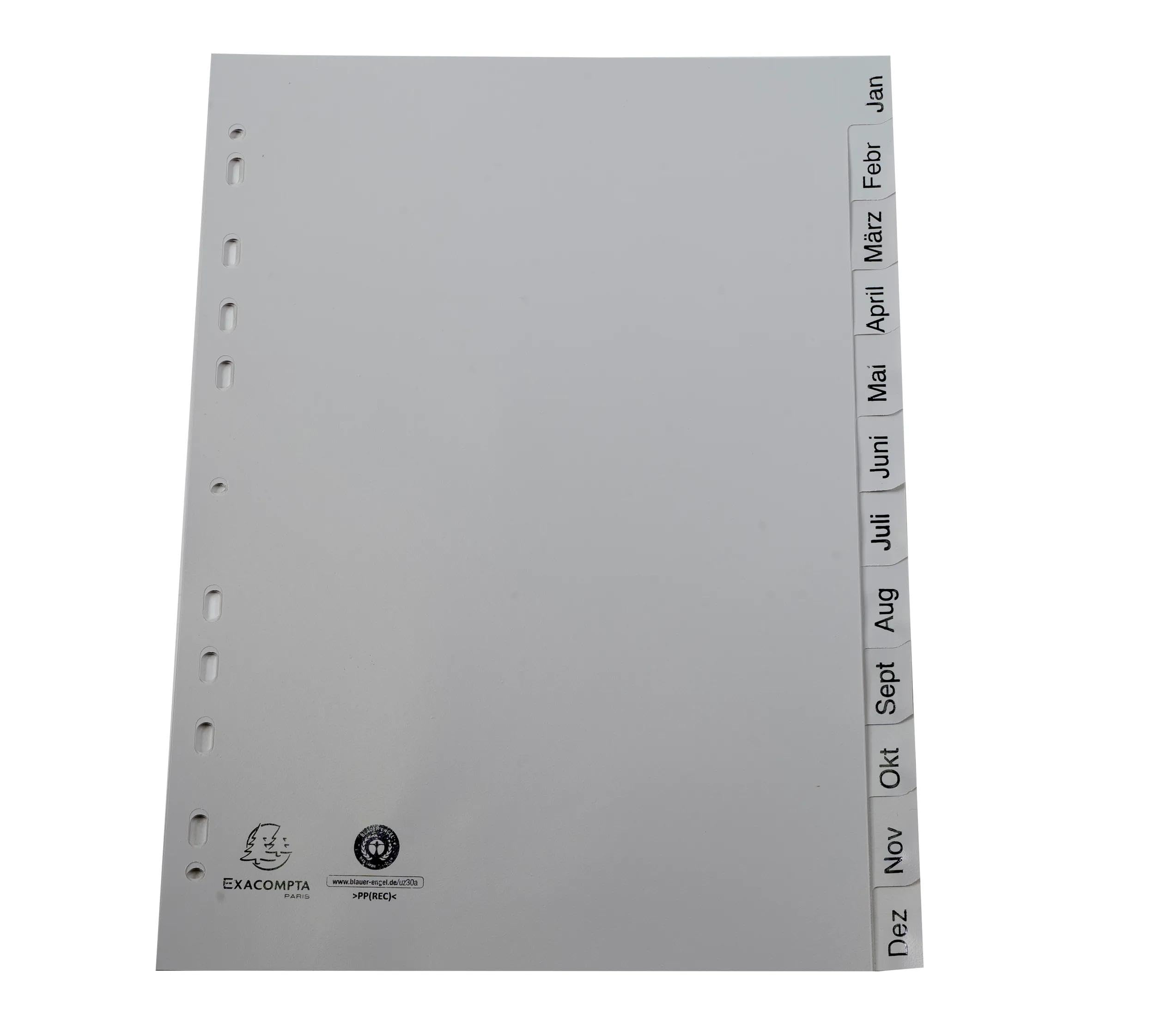 Exacompta - Ref. 1812B – Caja de 25 separadores impresos mensuales PP reciclado gris – Januar-Dezember(alemán) – 12 posiciones – A4 – Gris