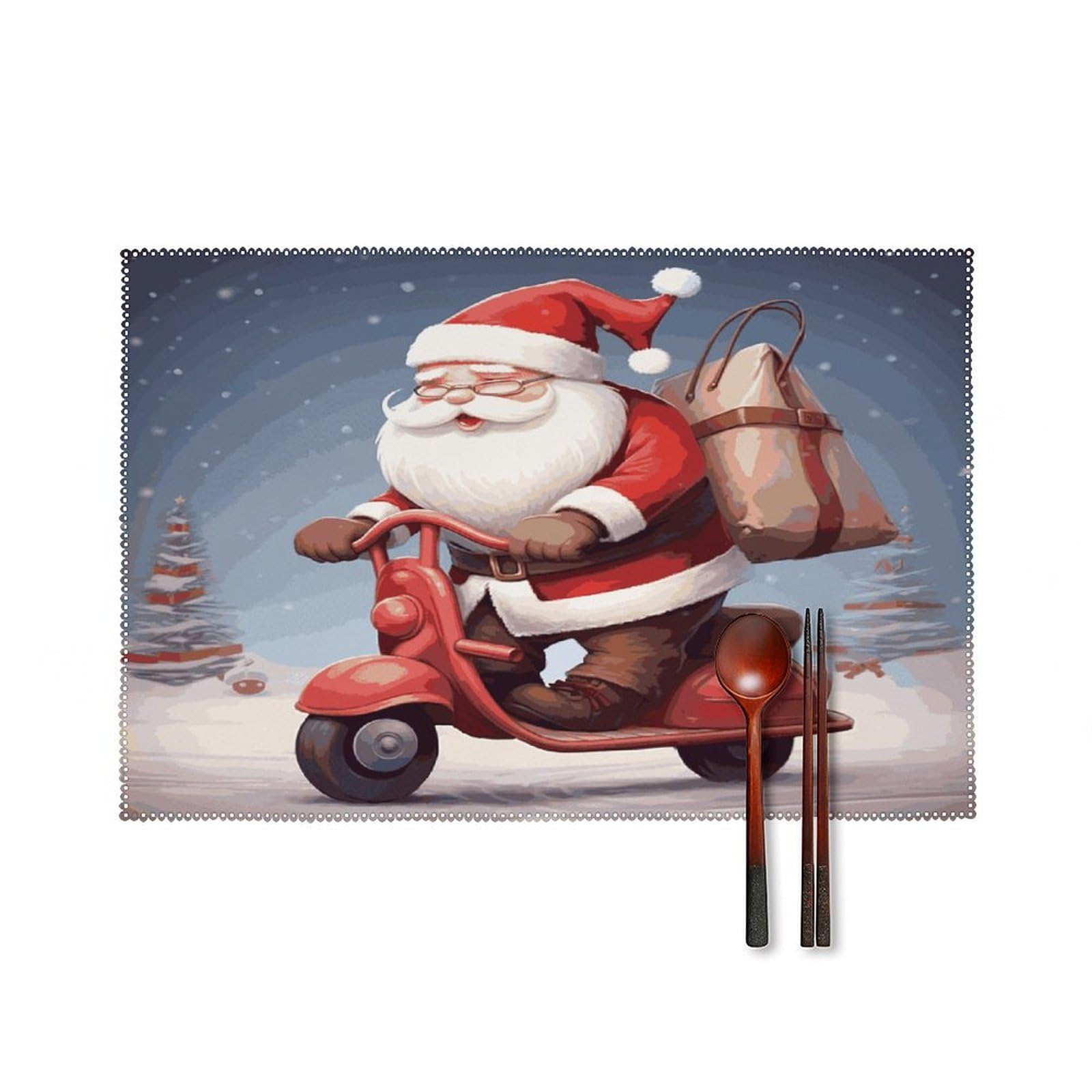 Santa Claus on Scooter Placemats Set of 4 Canvas Place Mats Non-Slip Heat Resistant Table Mats Washable Waterproof Placemat Wipeable Tablemats for Kitchen Dining Decor Place Mat