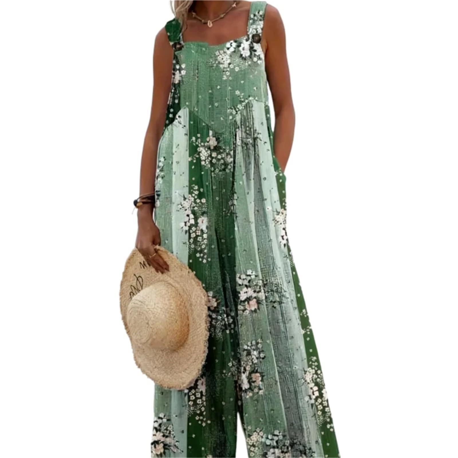 Jumpsuit Donna Tuta da donna con stampa floreale, taglie forti 1XL-5XL, casual, elegante, con bretelle, ampia e gamba larga