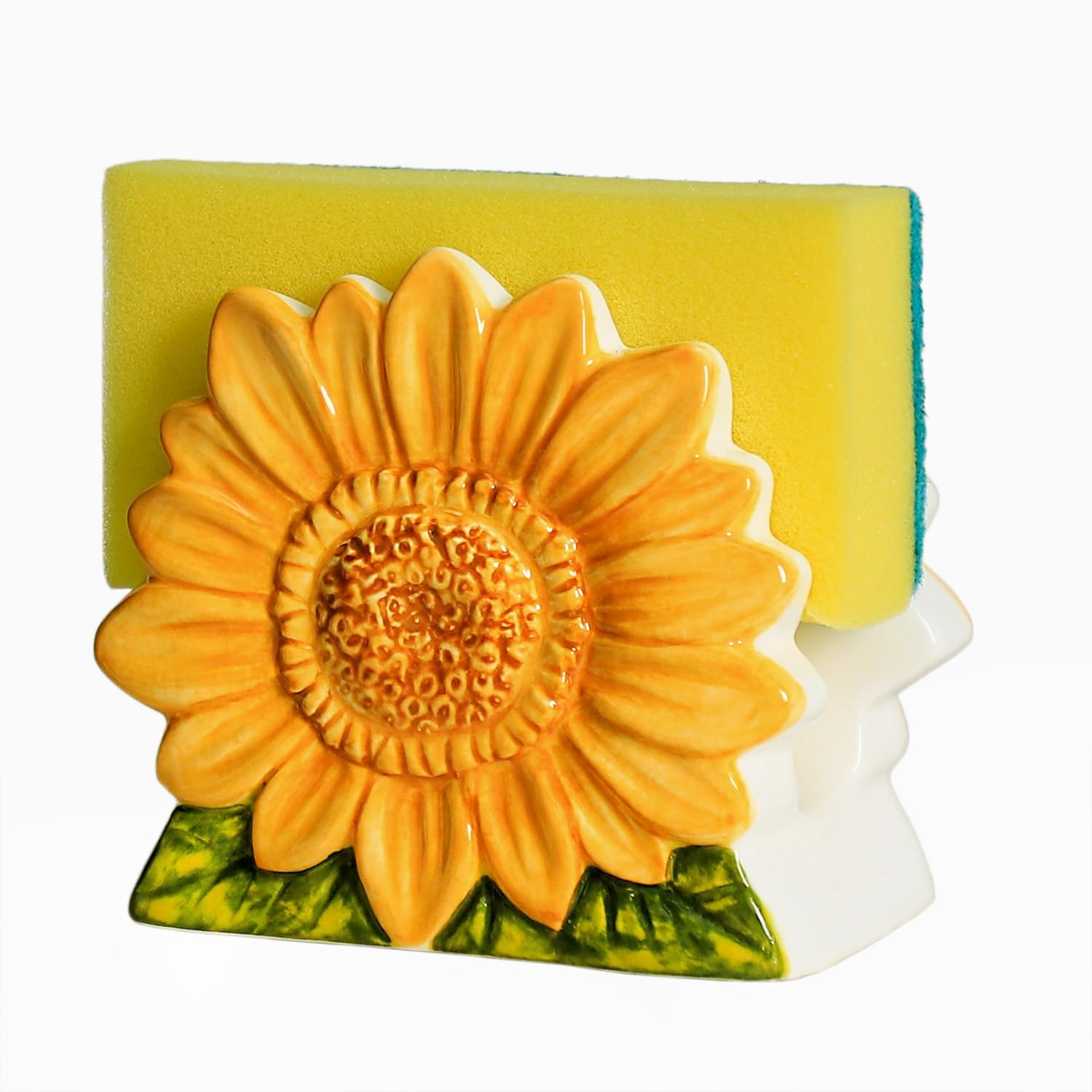 Ceramic Sunflower Sponge Holder for Kitchen Sink, Compact Sink Caddy Organizer, Flower Scouring Pad and Dish Sponge Holder