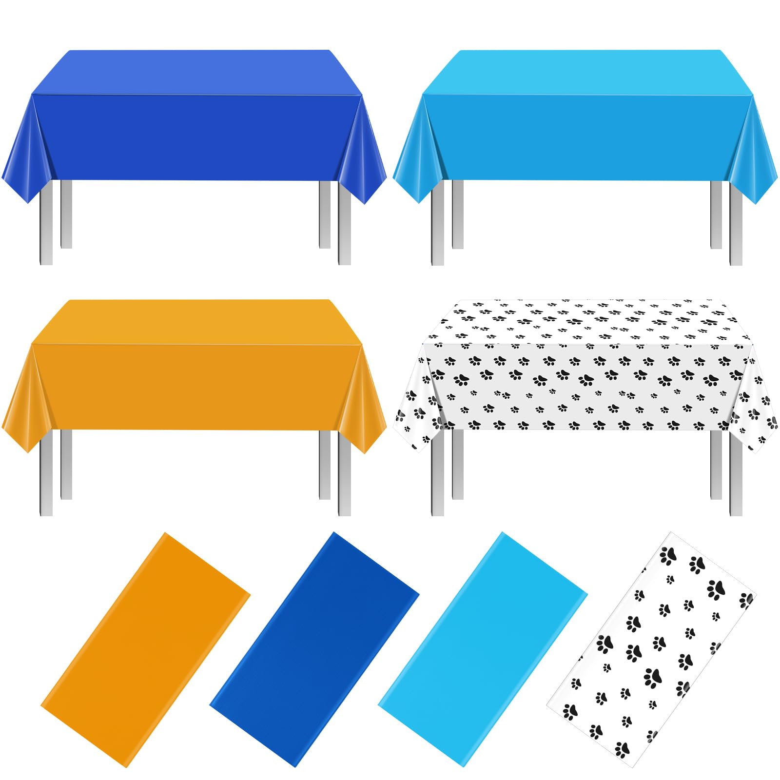 MASHAN 4 Pack Paw Print Plastic Tablecloths,Blue Orange Puppy Table Cloth Disposable Rectangle Table Covers for Kids Birthday Party, Dog Puppy