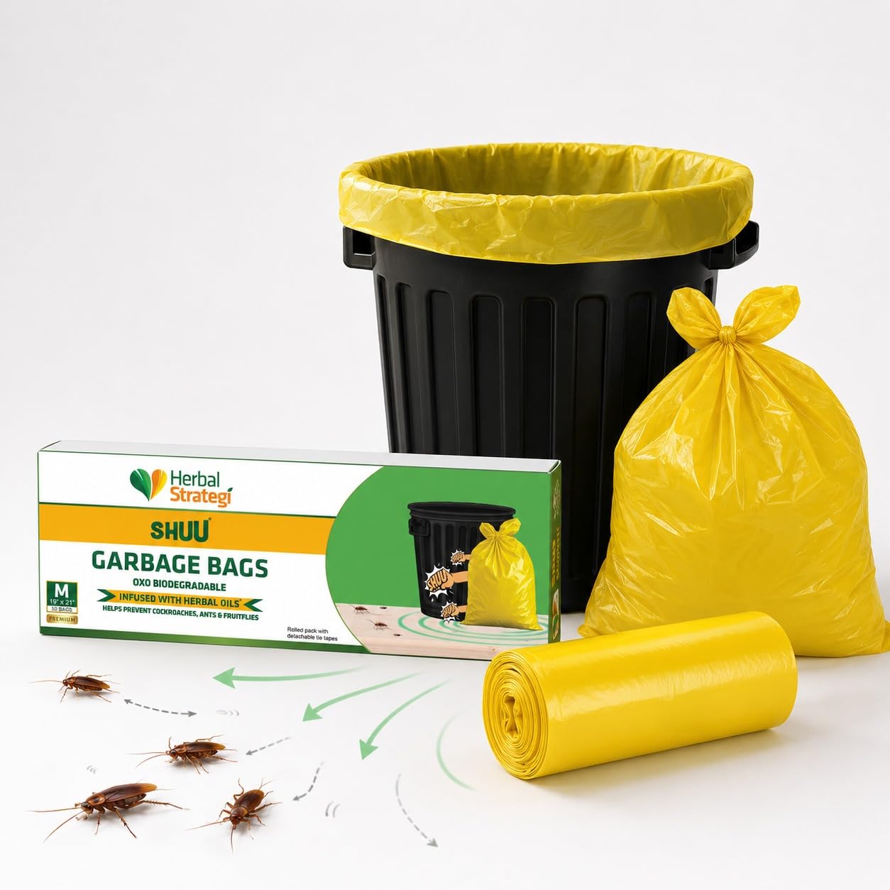 Herbal Strategi Shuu Garbage Bags | Medium | Natural Herbal Oil Scented Garbage Bags | Repel Cockroaches & Insects | 30 Pcs | for Dry & Wet Waste | 19 x 21 Inches for Dustbin/Trash Bag-image-41