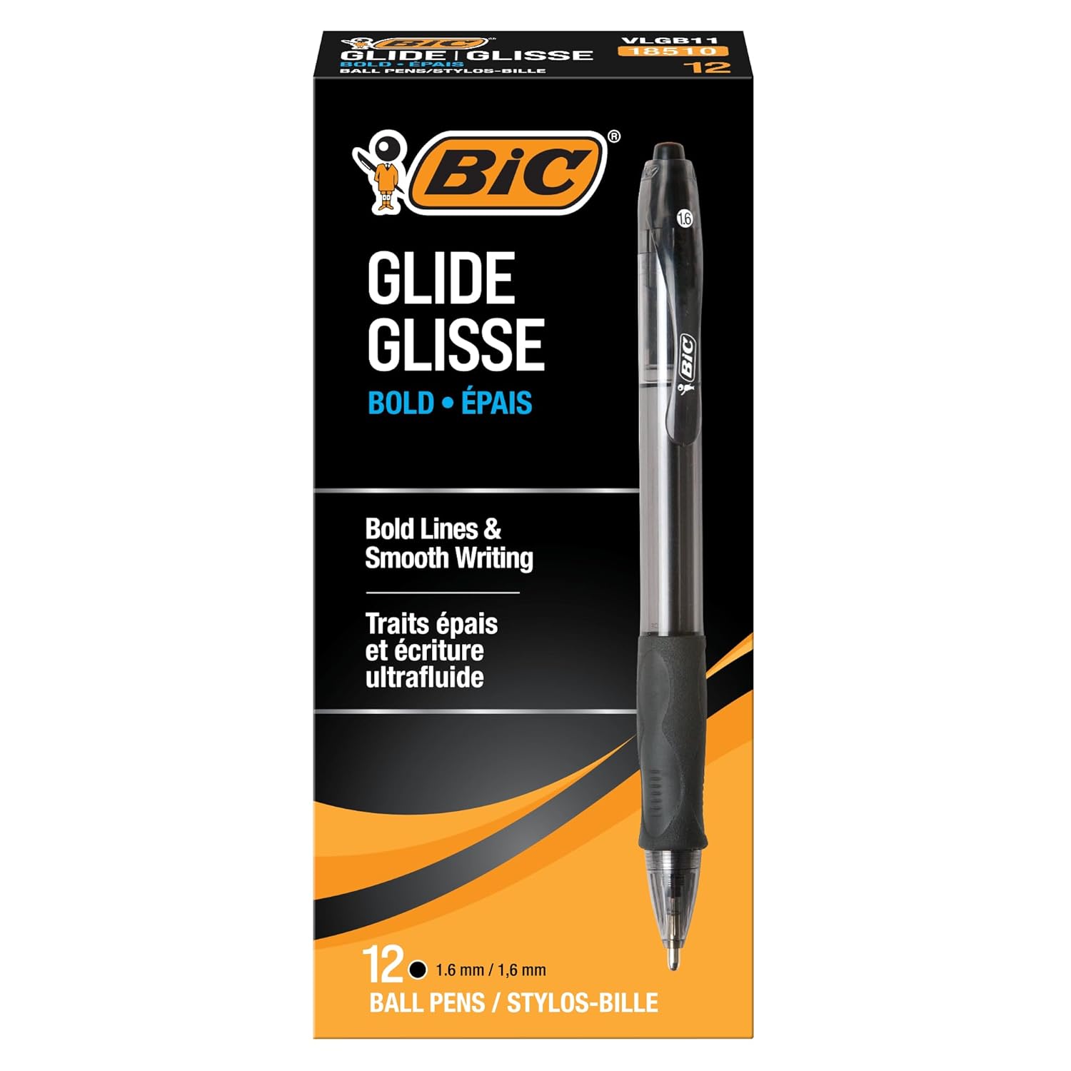 BIC Glide Bold Black Ballpoint Pens Bold Point 1 6mm 12-Count Pack Retractable Ballpoint Pens With Comfortable Full