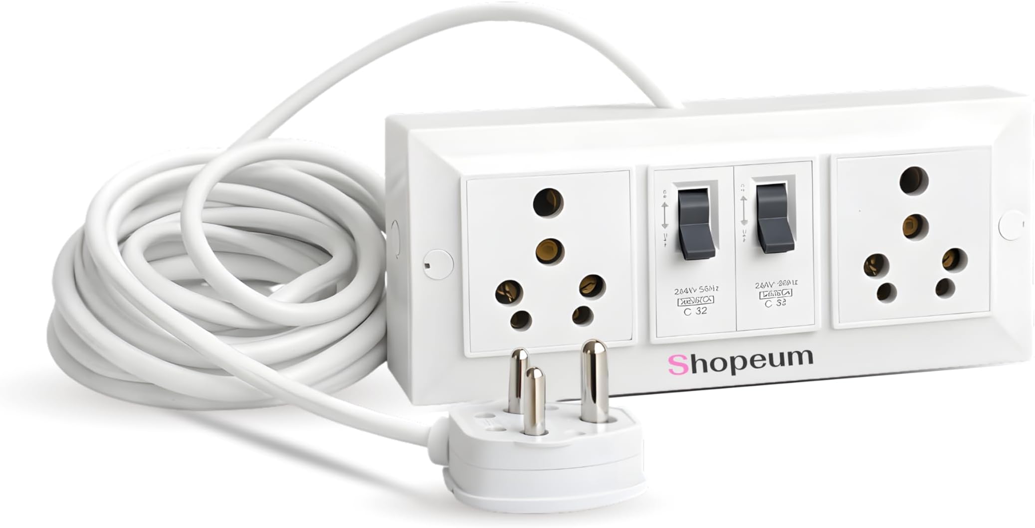 16A Extension Board with MCB, 2 Socket Heavy Duty Extension Cord, 1.5 sqmm Copper Cable, 3 Pin Plug, High Power 2000W for AC, Geyser, Heater (2-9 Meter, White) (9 Meter)