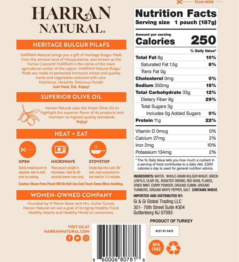 Miniatura 2 de Harran Natural Mezcla de Bulgur Pilaf agrietada de grano entero  Lentejas cúrcuma con albahaca roja  Vegana, sin OMG, lista en 60 segundos  6.6 oz