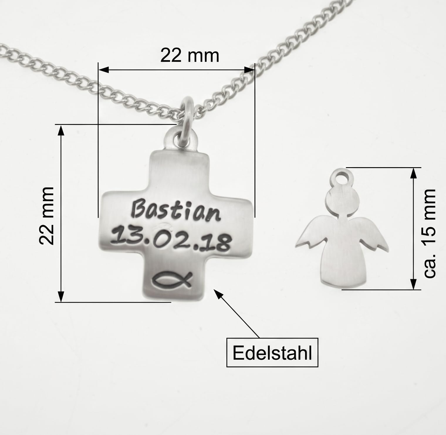 Personalisierte Taufkette mit Kreuz & Engel Anhänger aus Edelstahl – Kreuzanhänger mit Name & Datum Gravur – Individuelles Taufgeschenk für Jungen & Mädchen, Patenkind – Inkl. Wunschkette & Motiv