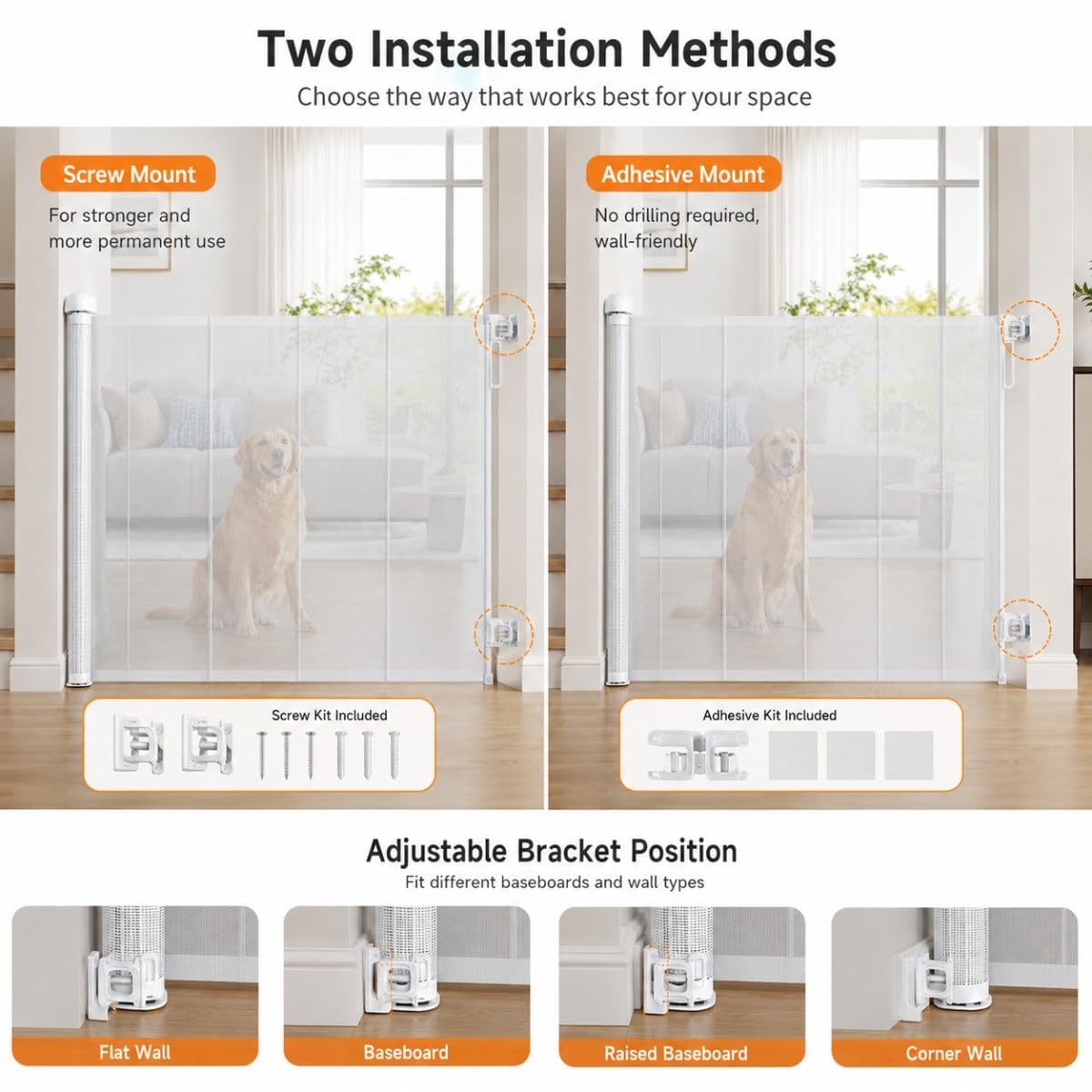 Barrera Retráctil para Perros y Gatos, Puerta de Malla Reforzada