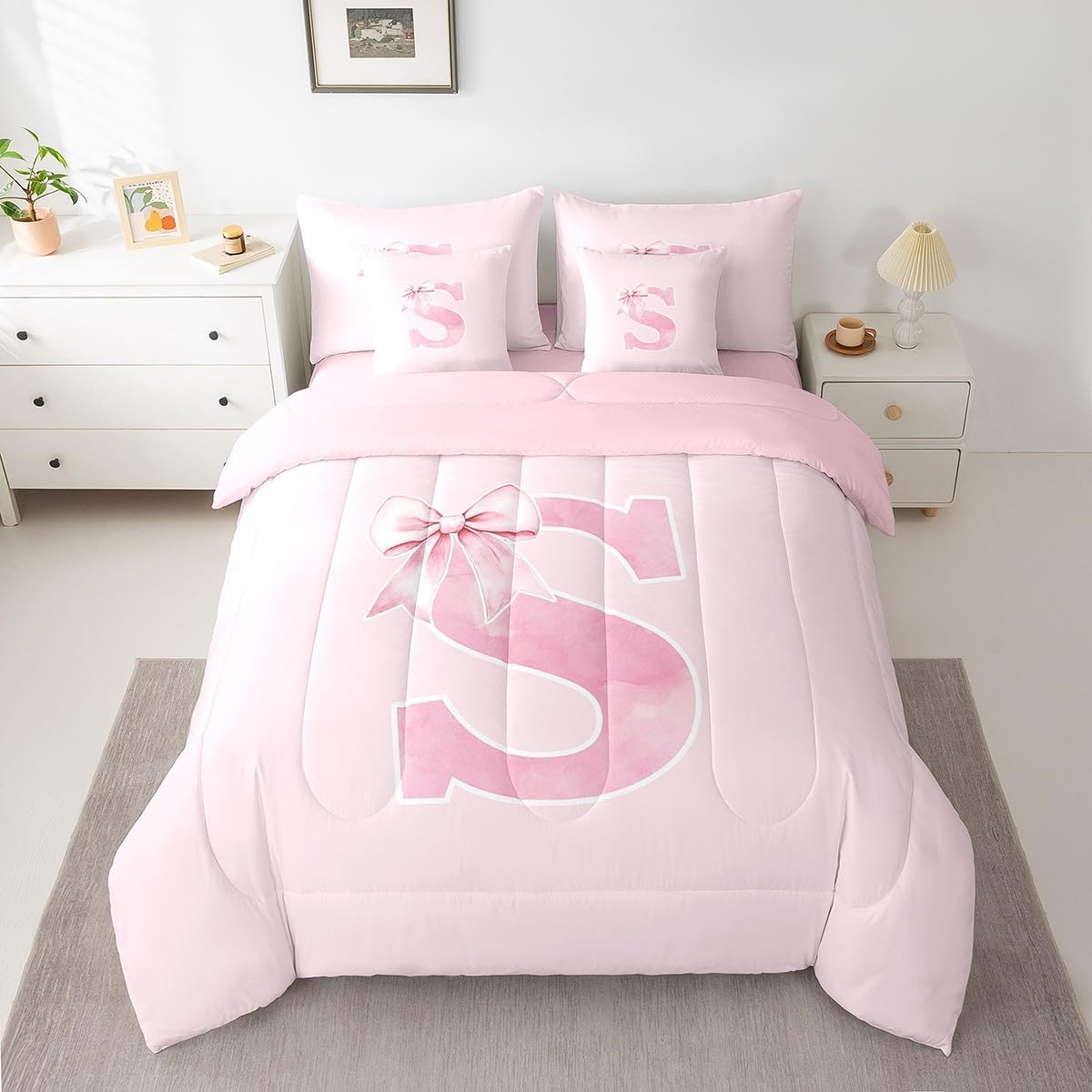 Erosebridal 7-Piece Initial S Bedding Set Twin,Monogrammed Bows Comforter Set for Girls Women Teen,Coquette Trendy Preppy Pink Bowknot Bed in a Bag,Initial Personalized Bedroom Room Decor(S) - Image 2