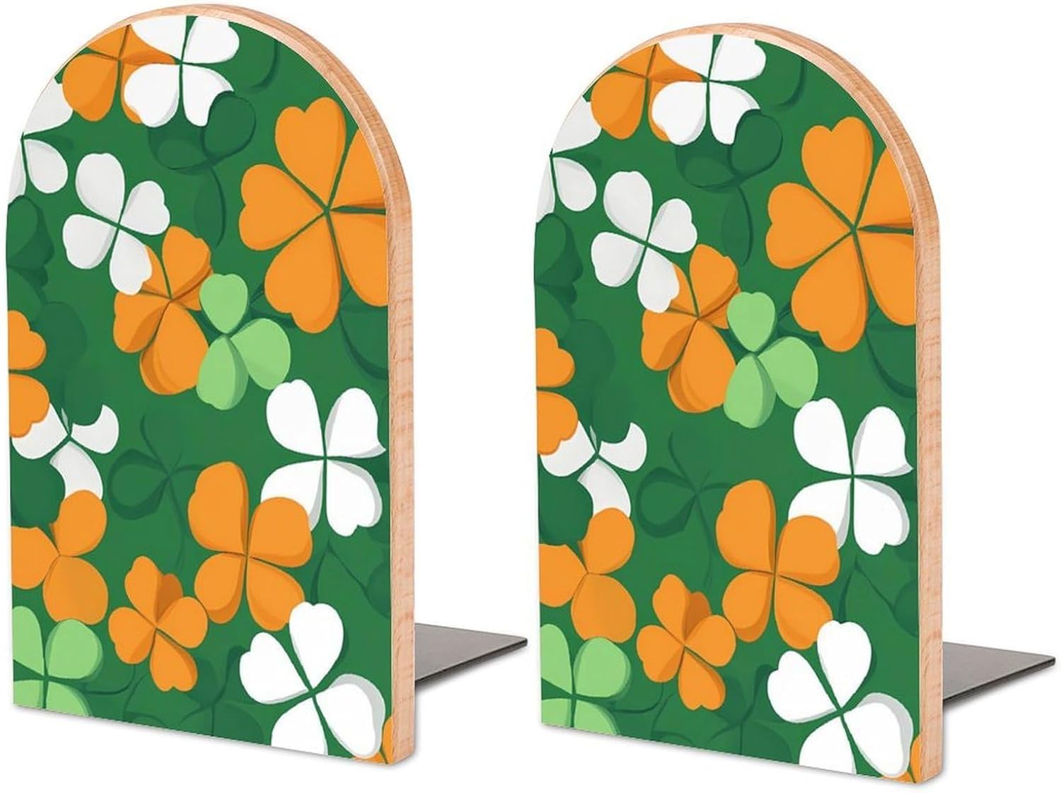 Irish Shamrock Saint Patrick Cute Wood Book Ends Decorative Bookends 1 Pair Non-Skid for Shelves Home Office 7 X 5 Inch