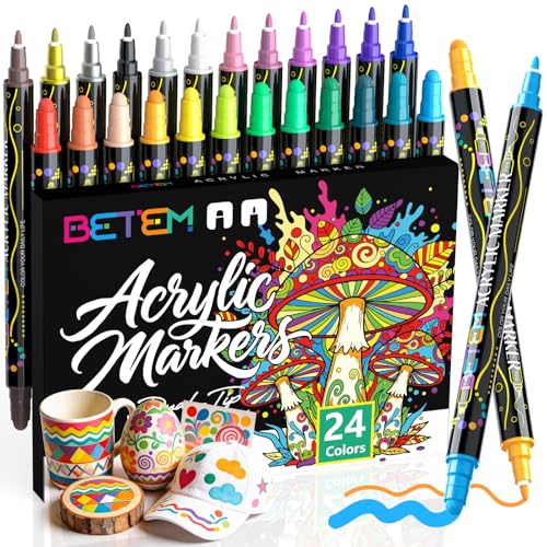 Betem 24 Couleurs Feutre Acrylique à Double Pointe, Stylo Marqueur Peinture Acrylique pour Bois, Toile, Pierre, Tissu, Peinture sur Roche, Verre, Surfaces en Céramique, Objets Artisanaux DIY