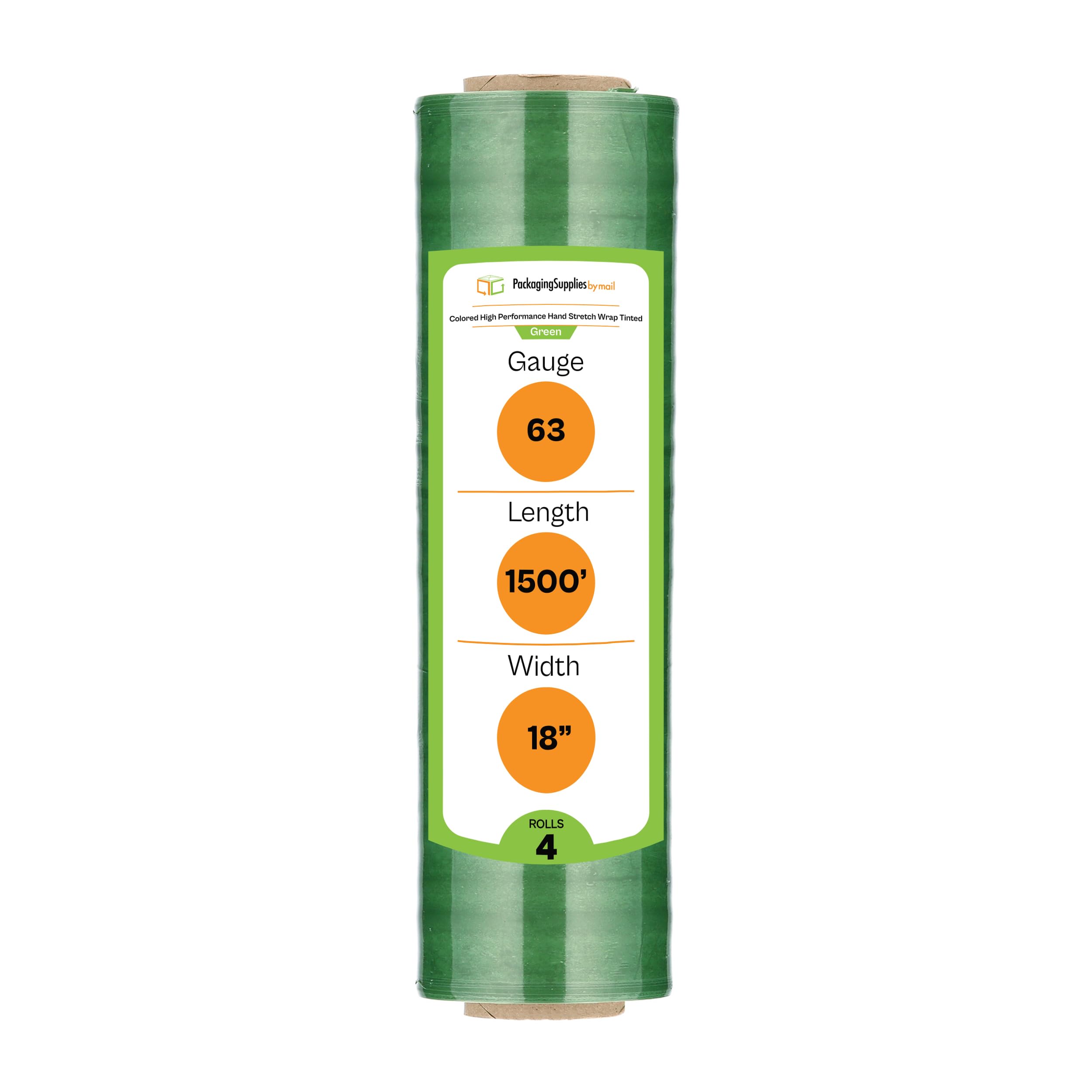 PSBM Green Stretch Wrap, 4 Pack, 18 Inch x 1500 Feet, 63 Gauge, Tinted/Transparent Hand Stretch Film Rolls for Packaging Moving Packing Pallets