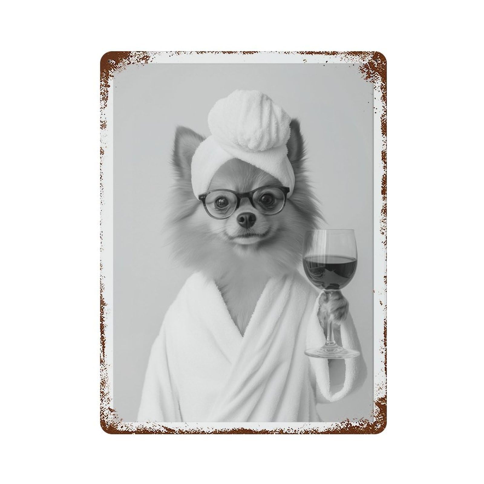 xiaoxiaoshen Pomeranian in Bathrobe With Wine Wall Decor Art Metal Tin Poster Modern Home Decor Art Home Bar Shop Decorations Vintage Sign 40x30cm