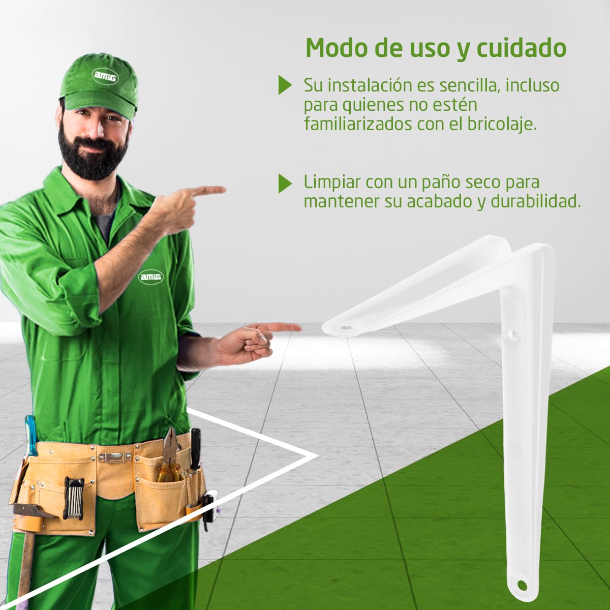 Amig - Pack Soportes para Estantería de Pared - 20 piezas - Escuadras en Acero - 250X200 mm - Color Blanco - Ángulo para Estantes - Soporte para Baldas - Fácil instalación