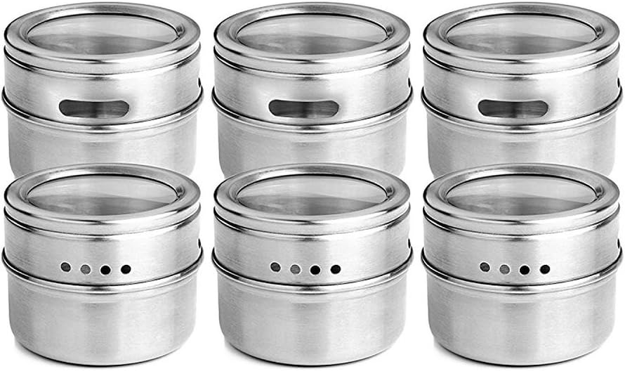 Plainmarsh Spice Jar 6 Set, [Upgrade Version] Strong Magnetic Stainless Steel Spice Tins Spice Rack Organizer Condiment Container Set,Clear Top Lid & Sift-Pour Pack of 6