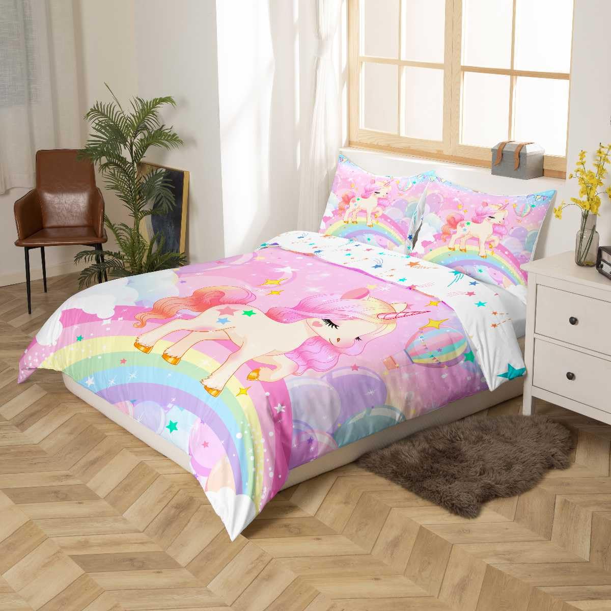 Einhorn Mädchen Bettwäsche 135x200cm Rosa Regenbogen Bettbezug Kinder Kawaii Cartoon Pferd Set mit 1 Kissenbezug