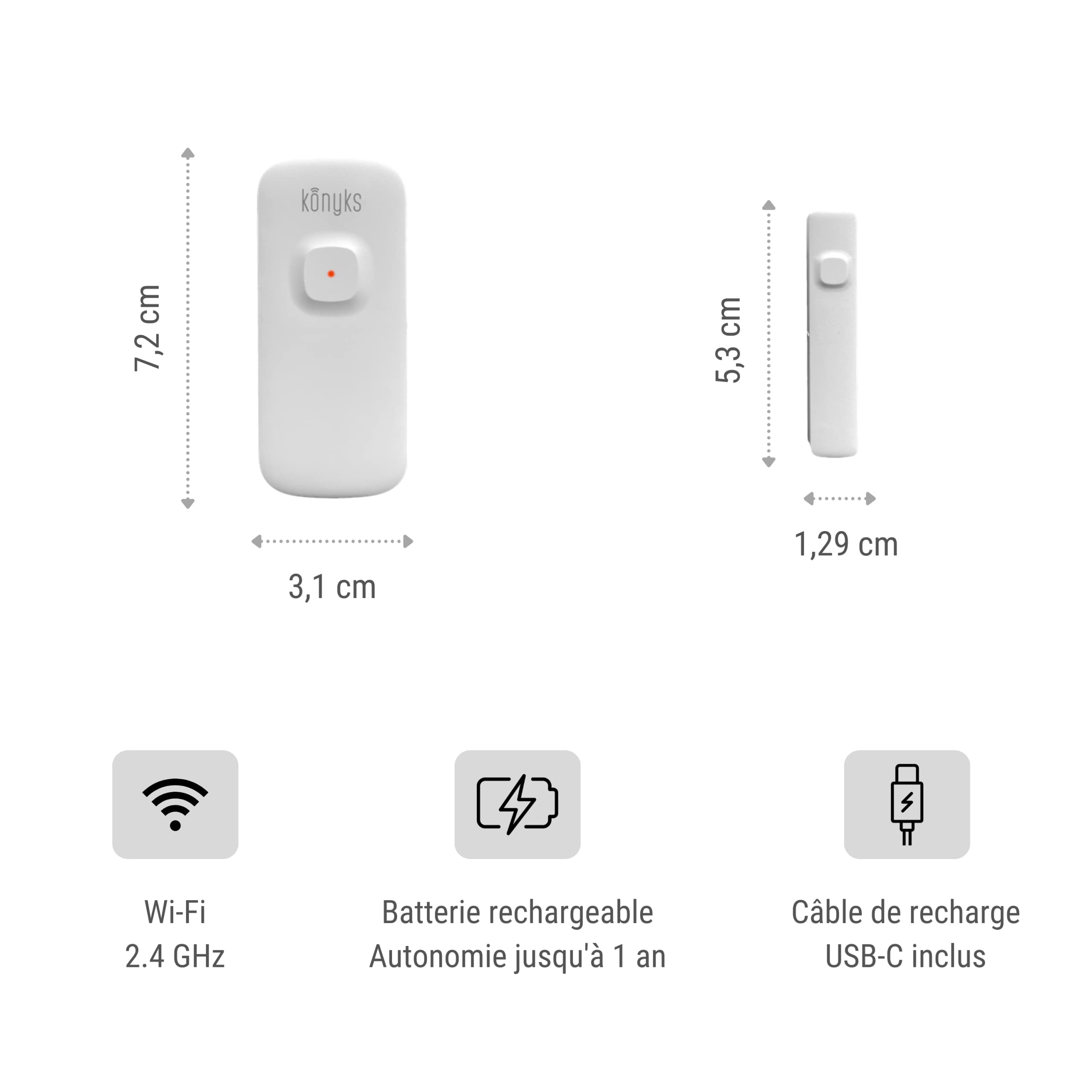 Konyks Senso Charge 2, Lot de 2 Détecteurs d'ouverture Wi-FI avec Batterie Rechargeable, autonomie jusqu'a 1 an, Notifications sur Smartphone, automatisations faciles, Compatible Alexa & Google Home