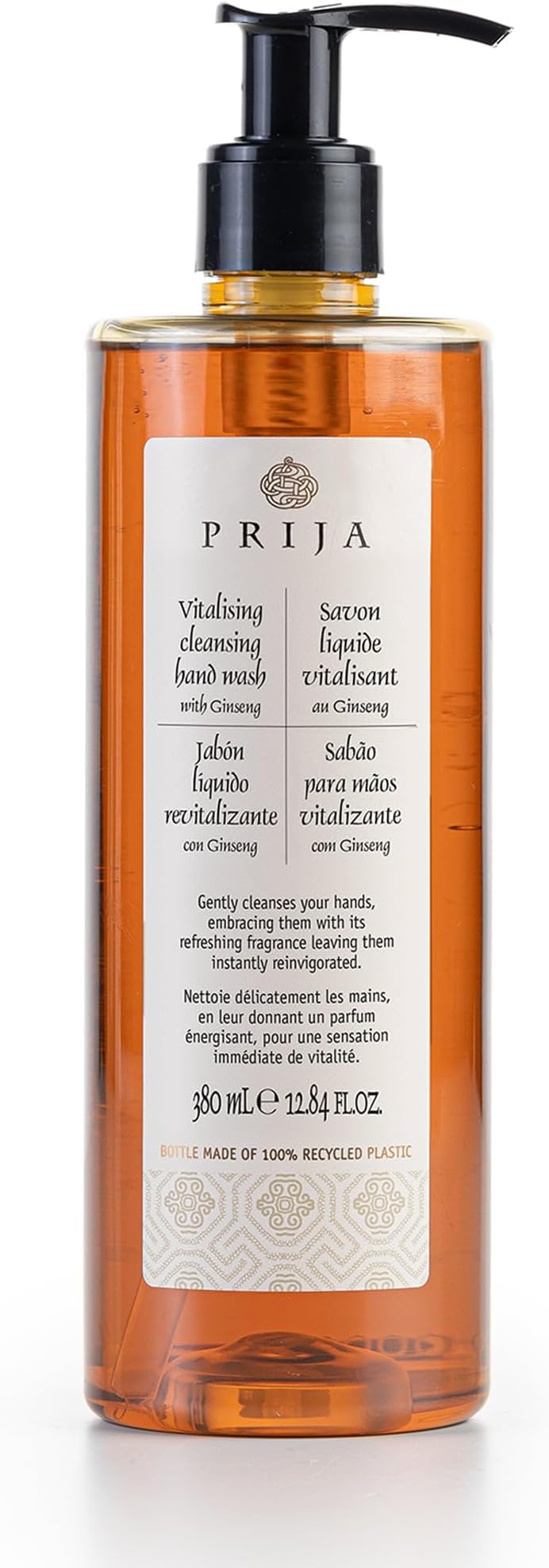 Prija Vitalizing Cleansing Hand Wash with Ginseng (12.84 fl oz) - Invigorating and Revitalizing - Vegan Friendly - Dermatologically Tested - Made with 100% Recycled Bottle