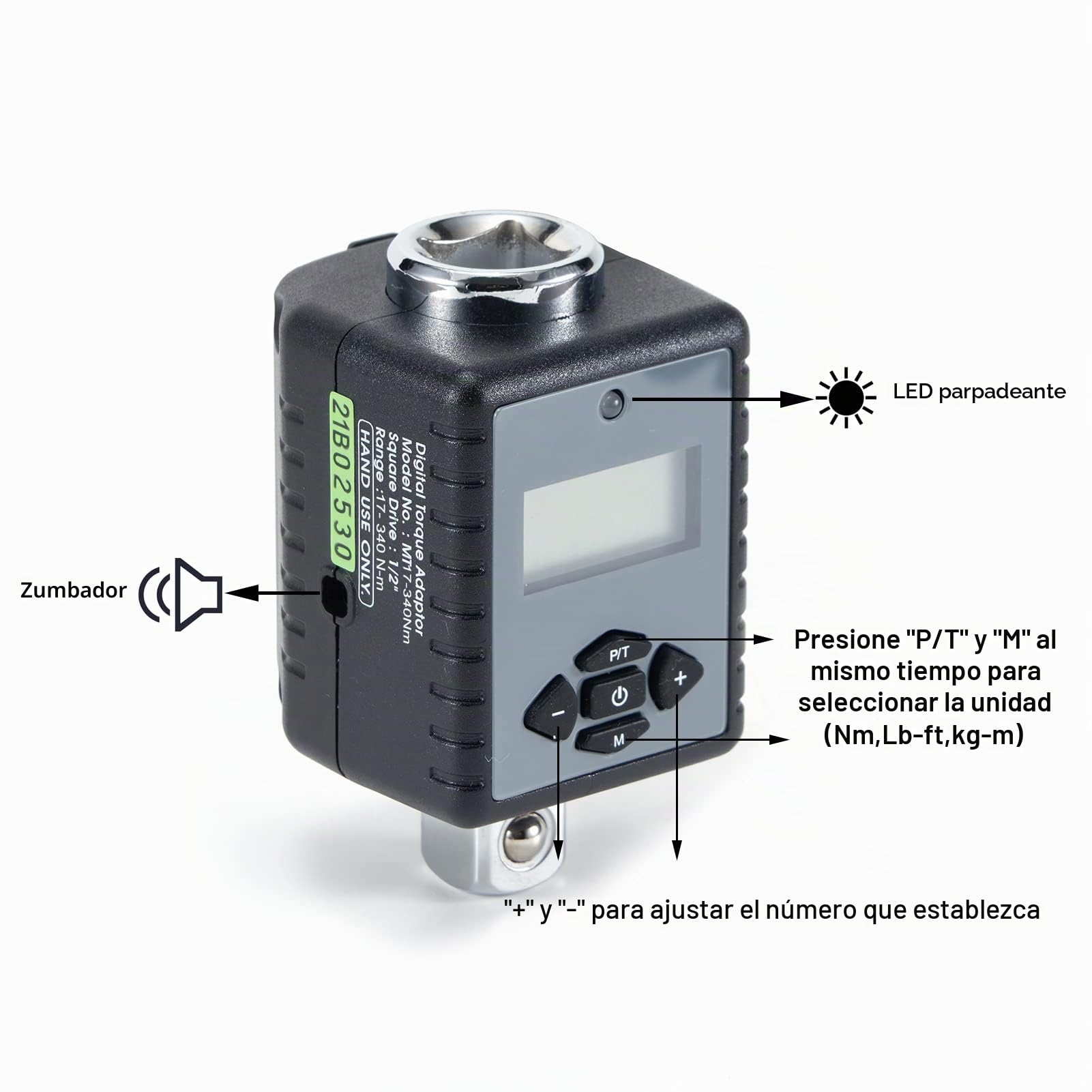 ThreeH Adaptador Torque Digital 1/2 '' (12.5 a 250.9 ft-lbs.) Con Alerta Sonora y LED (unidad de 1/2 '' e Incluye Adaptadores para 3/8 '' y 1/4 '')