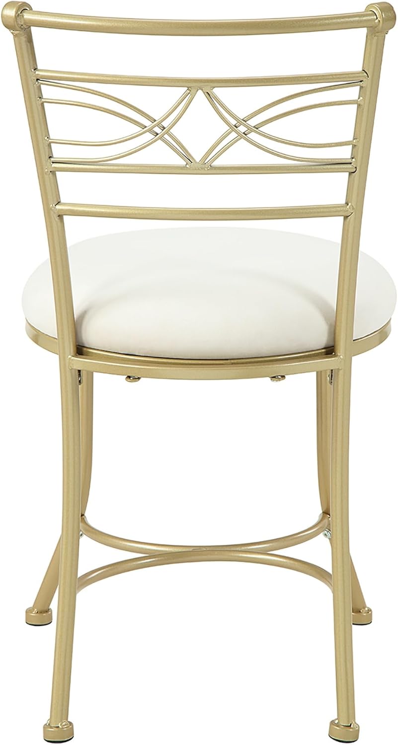 Art Deco Gold Vanity Stool – White Upholstered Seat, Sturdy Iron Frame, Glam Makeup Stool for Bathroom, Bedroom, or Vanity – Supports 300 lbs, Easy Assembly