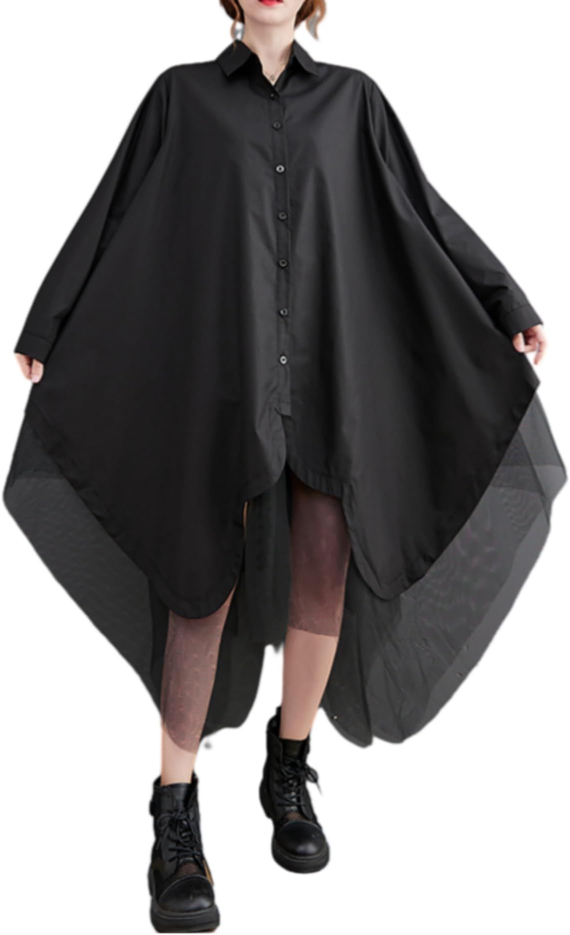 Women's Casual Solid Long Sleeve Irregular Tulle Shirt Dress GZ45