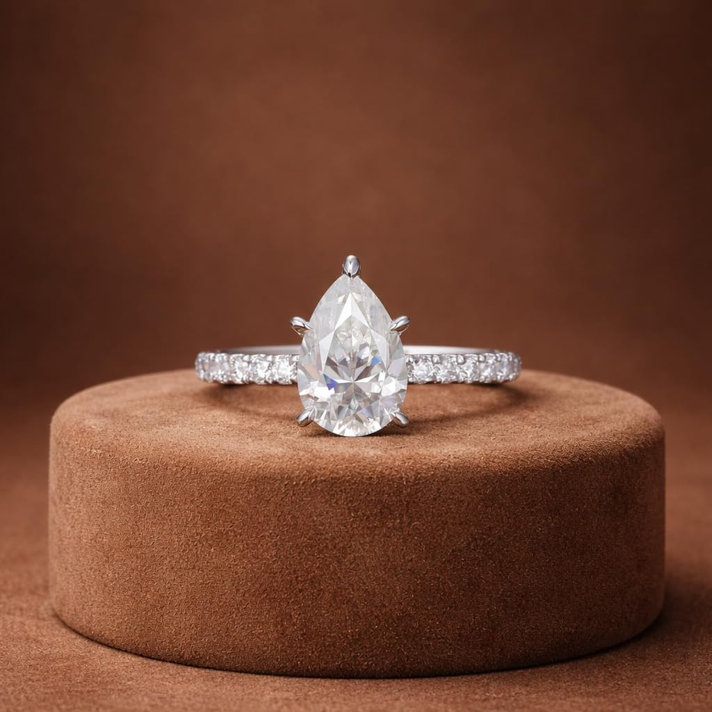 Pear Cut Moissanite Engagement Ring for Women 14k White Gold Pave Band Teardrop Bridal Ring Anniversary Promise Wedding Jewelry Gift for Her