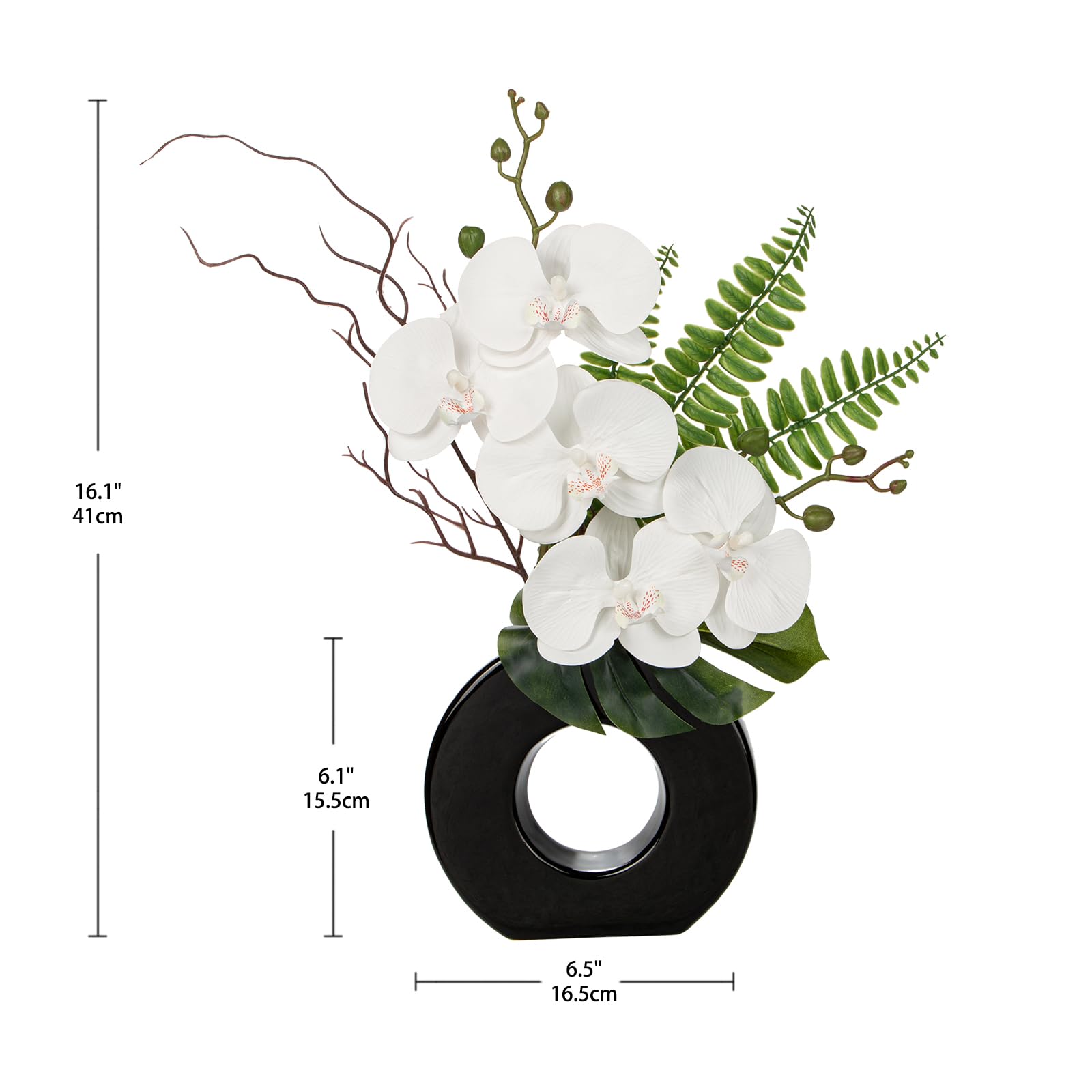 Oairse Artificial Orchid Flowers 41cm White Orchid Silk Flowers with Ceramic Black Vase Faux Phalaenopsis Flower Arrangement for Home Office Kitchen Table Centerpiece Decoration - Image 2