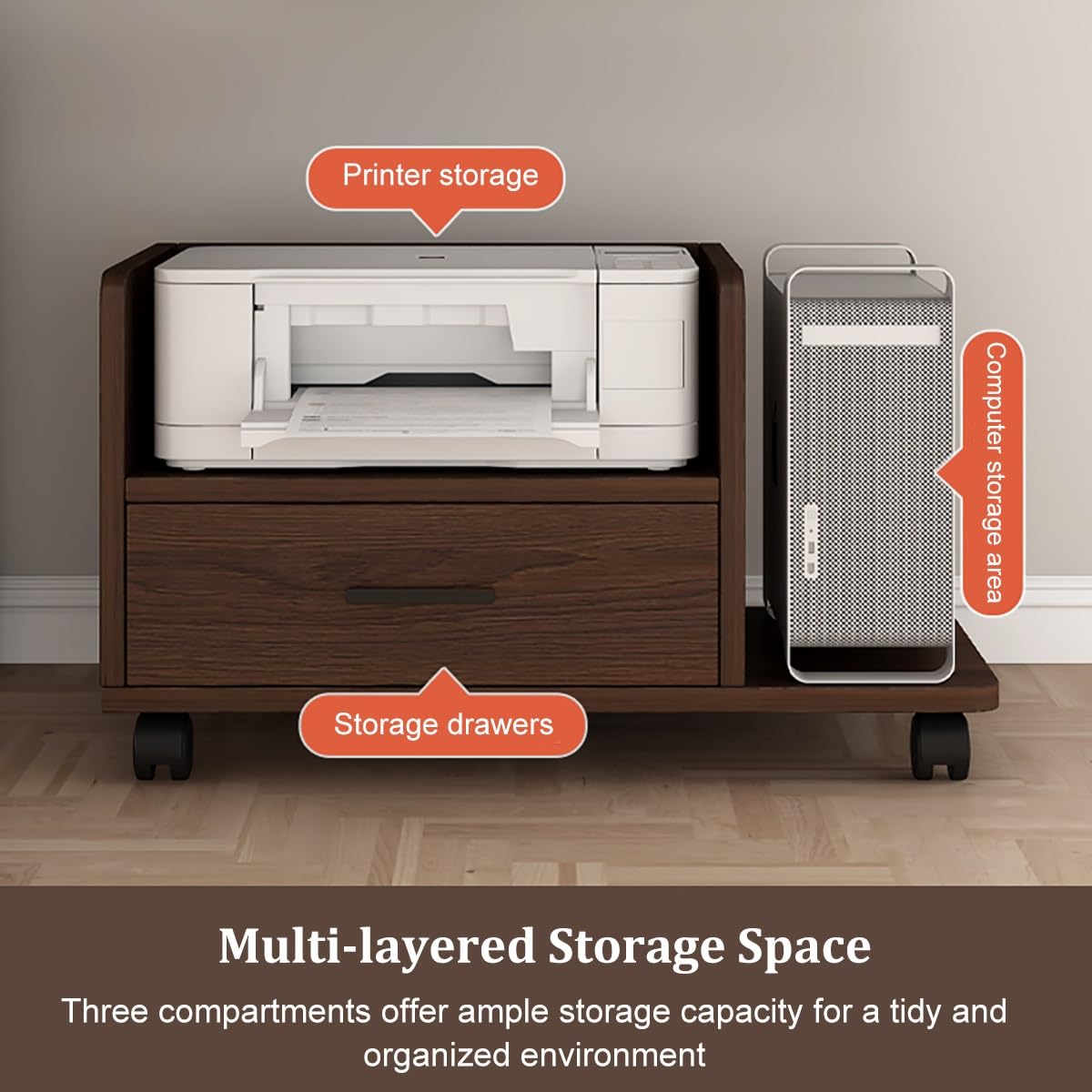Supporto Stampante da Scrivania con Ruote, Mensola in Legno con Rotelle Bloccabili, Mobiletto Stampante Compatto con Cassetto, per Casa e Ufficio(White,L*W45*40cm/18 * 16")