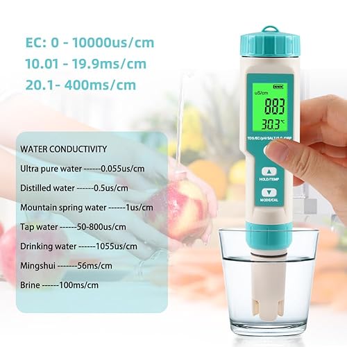 Miniatura 6 de Medidor de pH para agua 7 en 1 PHTDSECSalS.GORPMedidor de temperatura, probador de pH LCD retroiluminado digital impermeable, medidor TDS Medidor EC