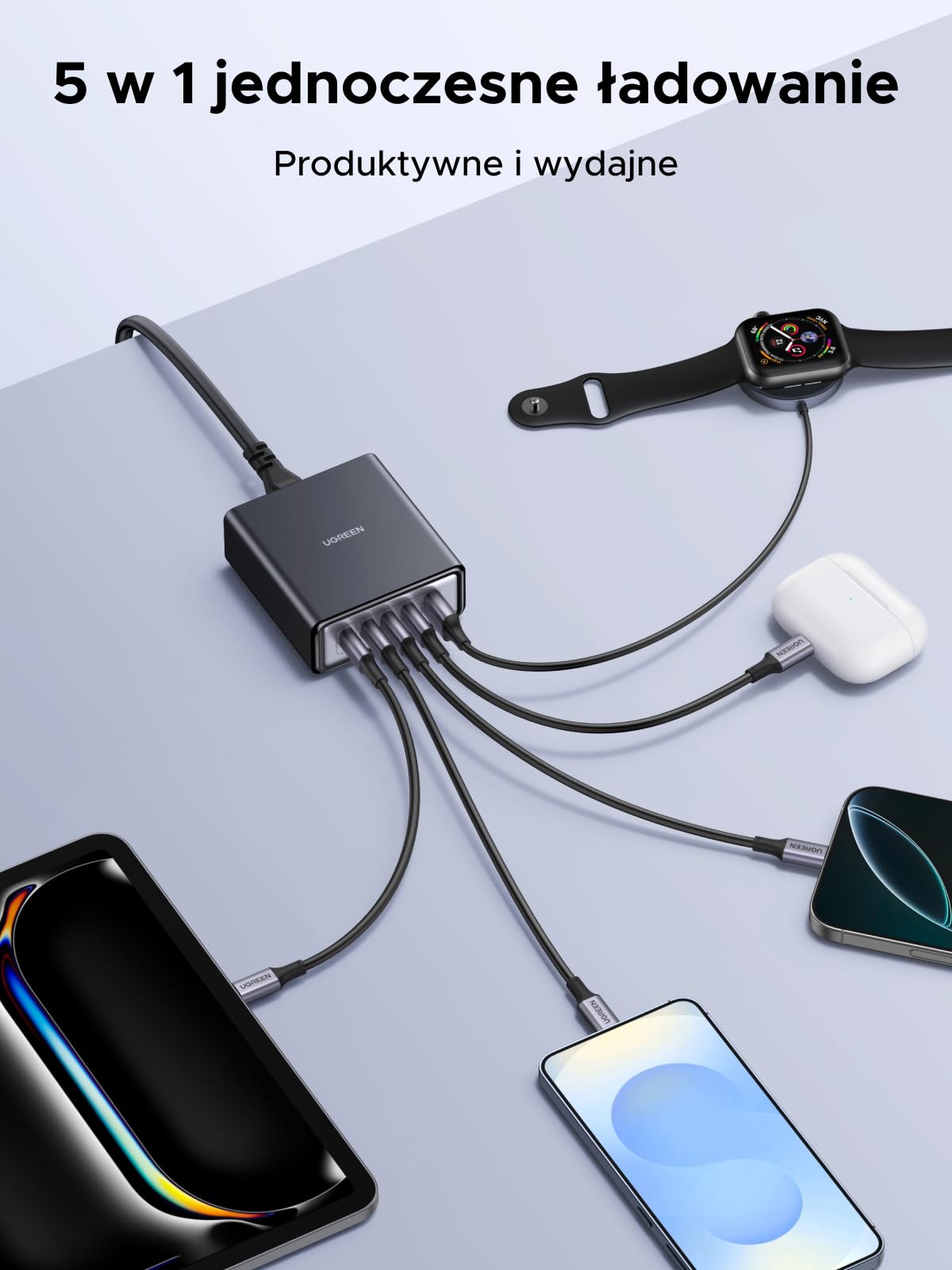 UGREEN Ładowarka USB C 65 W GaN Zasilacz 5 w 1 Stacja ładowania biurkowego 45 W PPS Szybka ładowarka Kompatybilna z iPhone 16-8 series, Galaxy S25, S24, A15, Pixel 9, iPady, MacBook Air