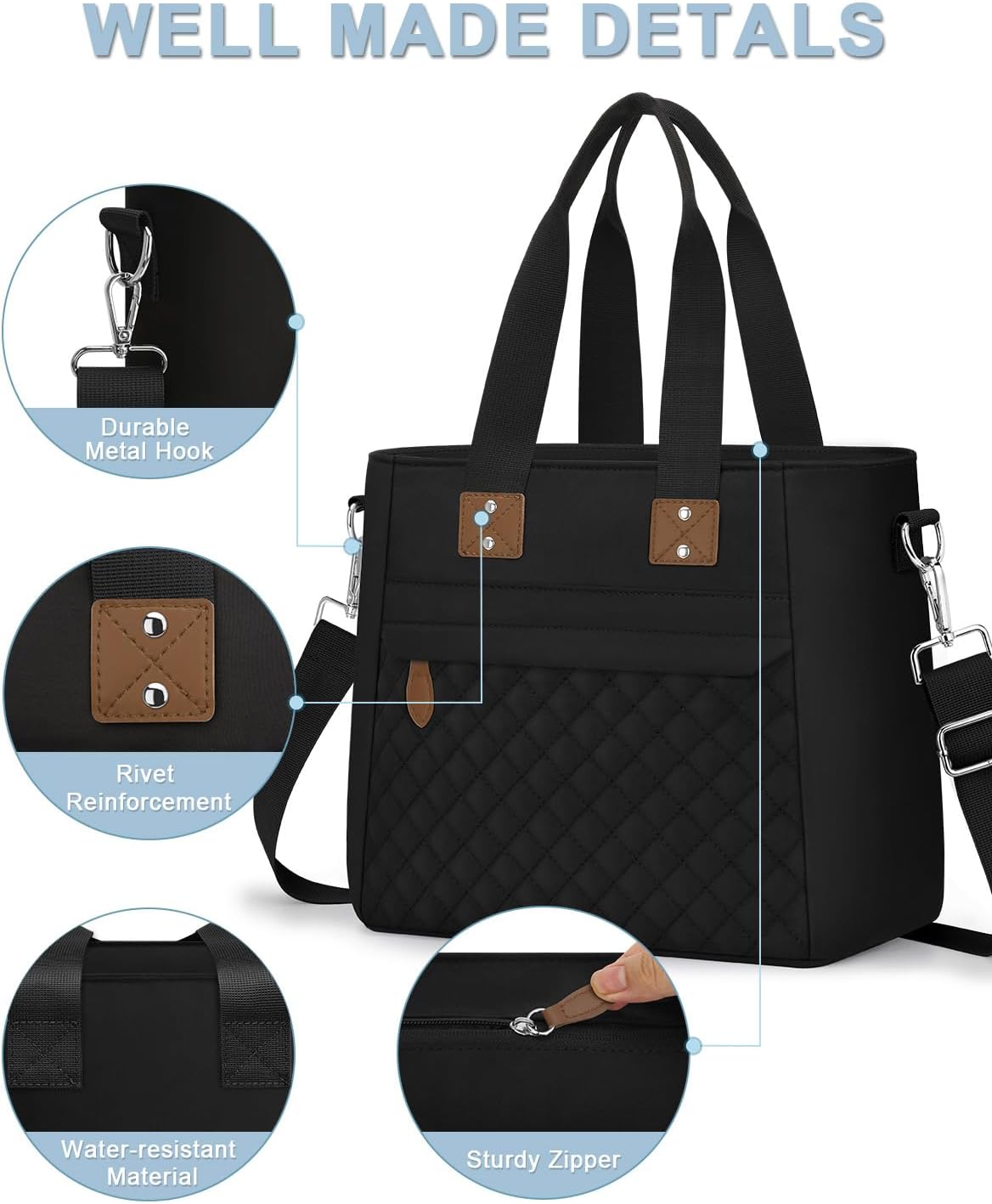 Insulated Lunch Box for Women & Men - Large Thermal Lunch Bag Women with Removable Shoulder Strap, Reusable Lunch Cooler Tote Bags Purse for Adults Work, Picnic, Hiking, Beach, Travel, Medium,Black - Image 6