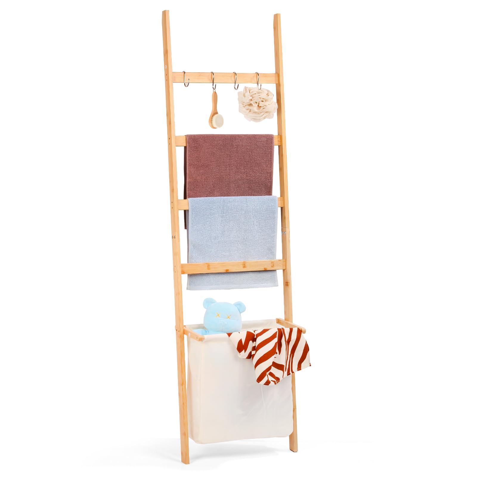 Bamboo Towel Ladder with Laundry Basket & 4 Hooks - Freestanding Towel Rail Ladder, Bath Towel Holder with Storage Basket for Bathroom, Towel Stand Wood Natural Wood Colour 170 x 43 cm