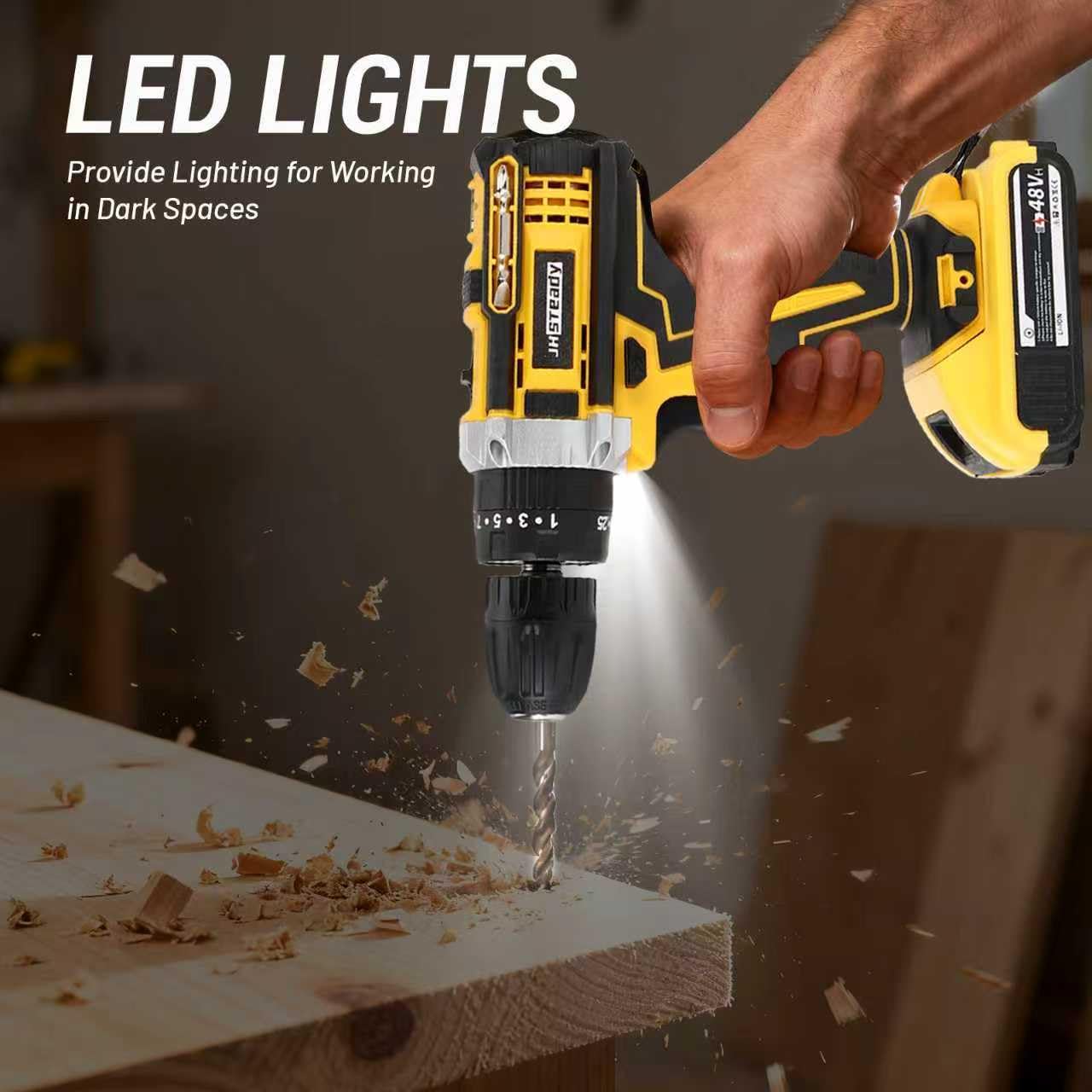 Trapano avvitatore a batteria da 48 V, coppia 25+3, motore senza spazzole, trapano elettrico da 1500 giri/min con 2 batterie, luce LED, set completo di trapano e custodia