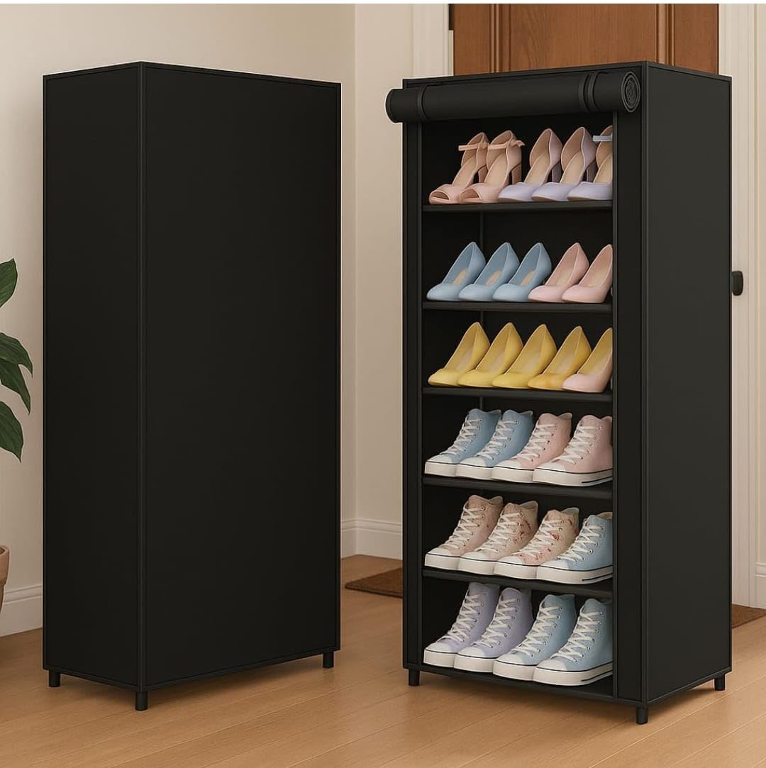 Wow in IMAXXFoldable Shoe Rack with Cover – 6 Tier Collapsible Plastic Shelf for Home – Storage Shelves Organizer – Space Saving Storage Rack for Entryway & Bedroom ((Black)-image-48