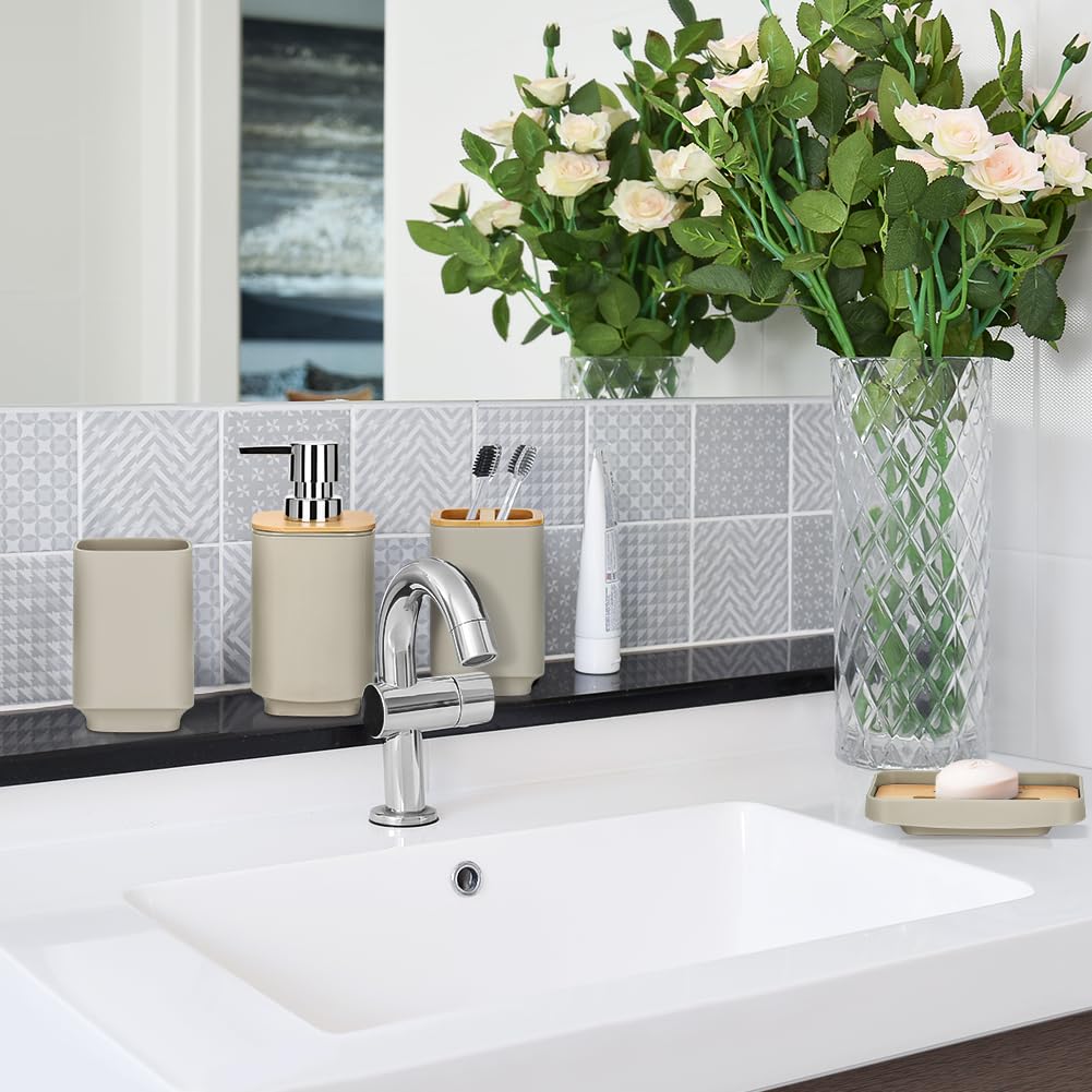 JOTOM Juego de 6 accesorios de baño de bambú, diseño moderno, 6 piezas, dispensador de jabón, soporte para cepillo de dientes, taza de dientes, jabonera, cepillo de inodoro, basura para baño,