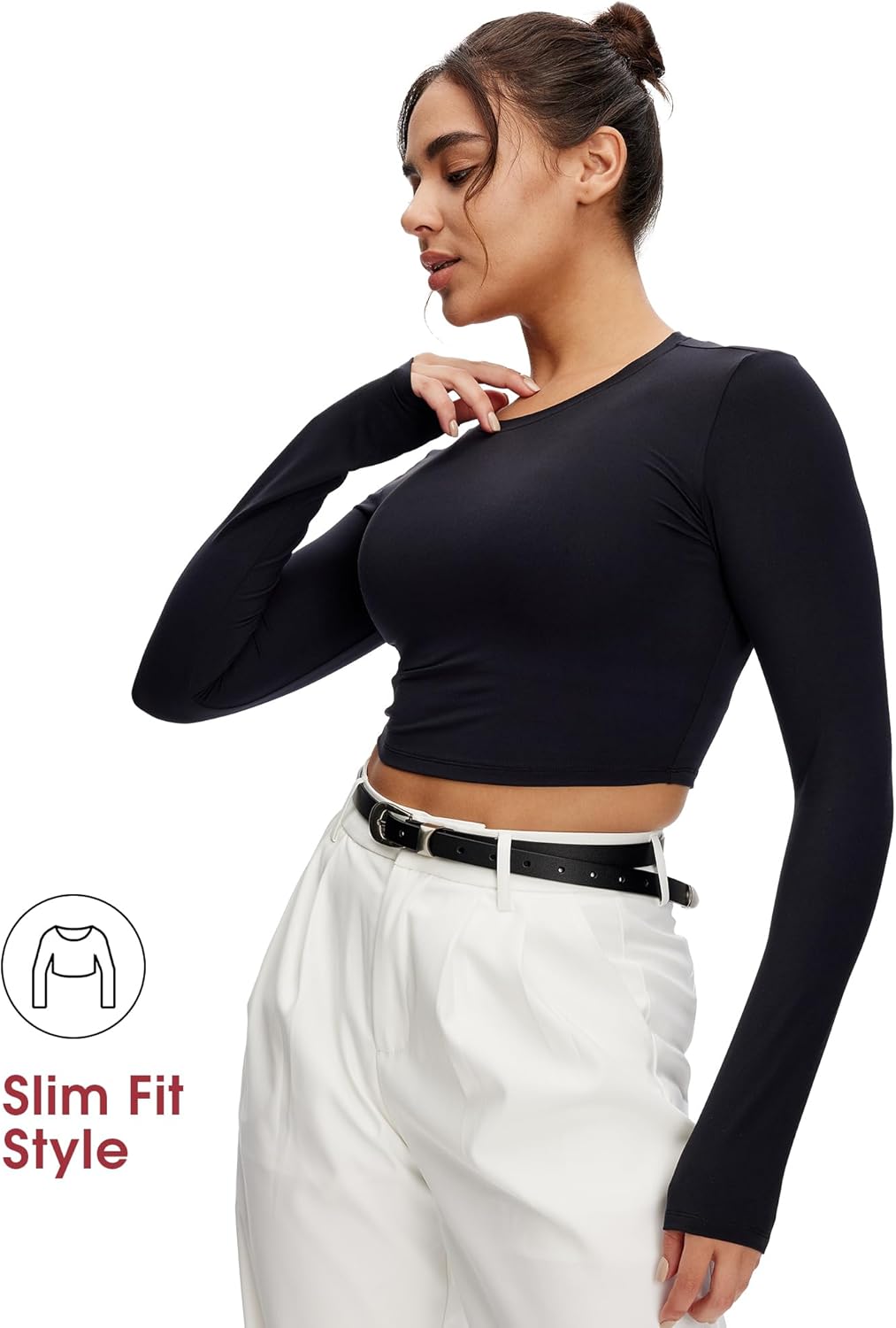 NANJI Cropped Long Sleeve T Shirts for Woman - Slim Fit Crew Neck Crop Tops, Basic Women's Cropped Tee Casual Wear Workout - Image 4