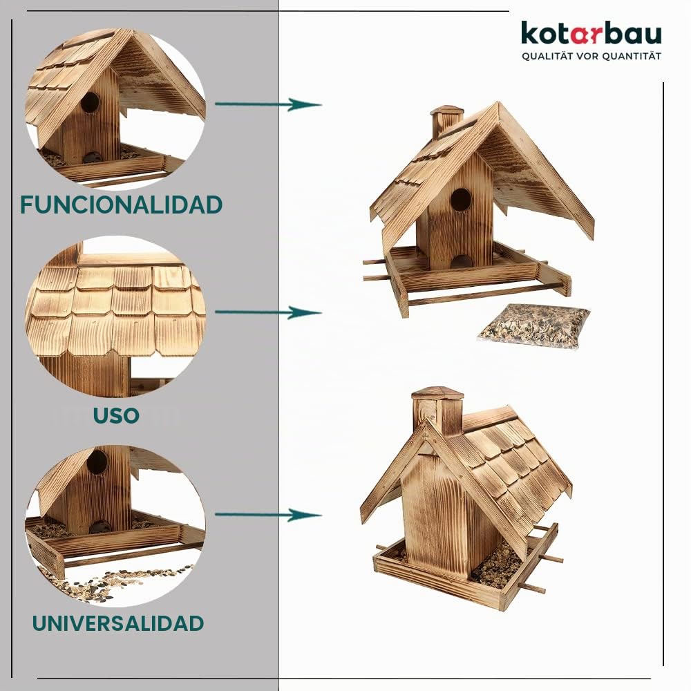 KOTARBAU® Comedero para pájaros de Madera, 37 x 29 cm, Dispensador de Comida, Casa para Aves, Casita de Madera flameada, + 0,5 Kilo de pienso Incluido