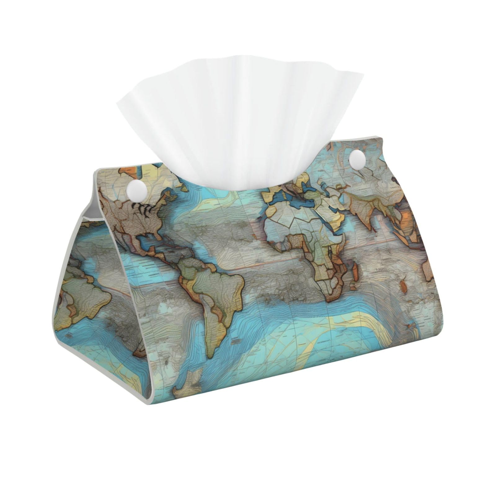 Cartoon world map Long Leather Tissue Box Cover-Waterproof PU Leather Tissue Holder for Bathroom, Decorative Rectangular Tissue Case
