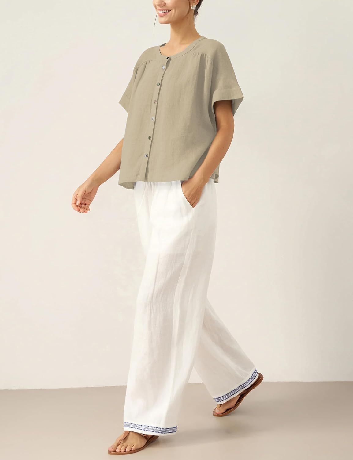 Women's Linen Button Down Shirts Pleated Crew Neck Short Sleeves Blouse Lightweight Loose Fit Casual Tops