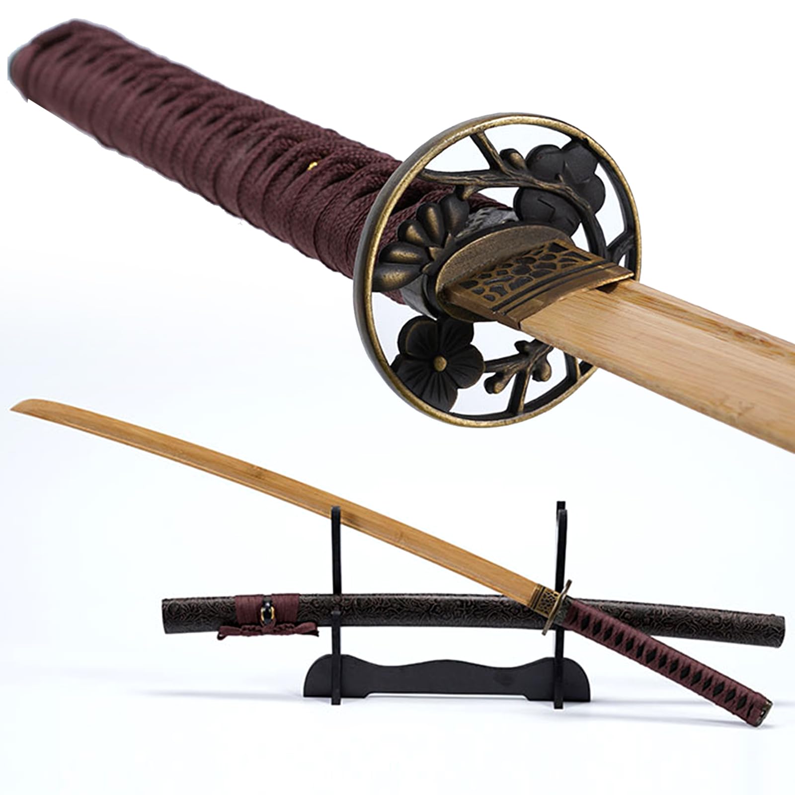 Katana en Bambou Naturel de 103 cm,Bokken Fait Main avec Fourreau en Bois gainé de Cuir,Sabre de samouraï en Bois pour Cadeau,Exposition,entraînement,Cosplay,Accessoires.