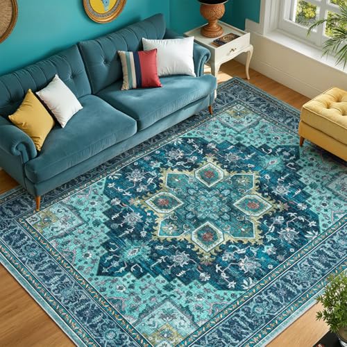 Vibrug 5x7 Turquoise Area Rugs for Living Room, Vintage Boho Washable Rug