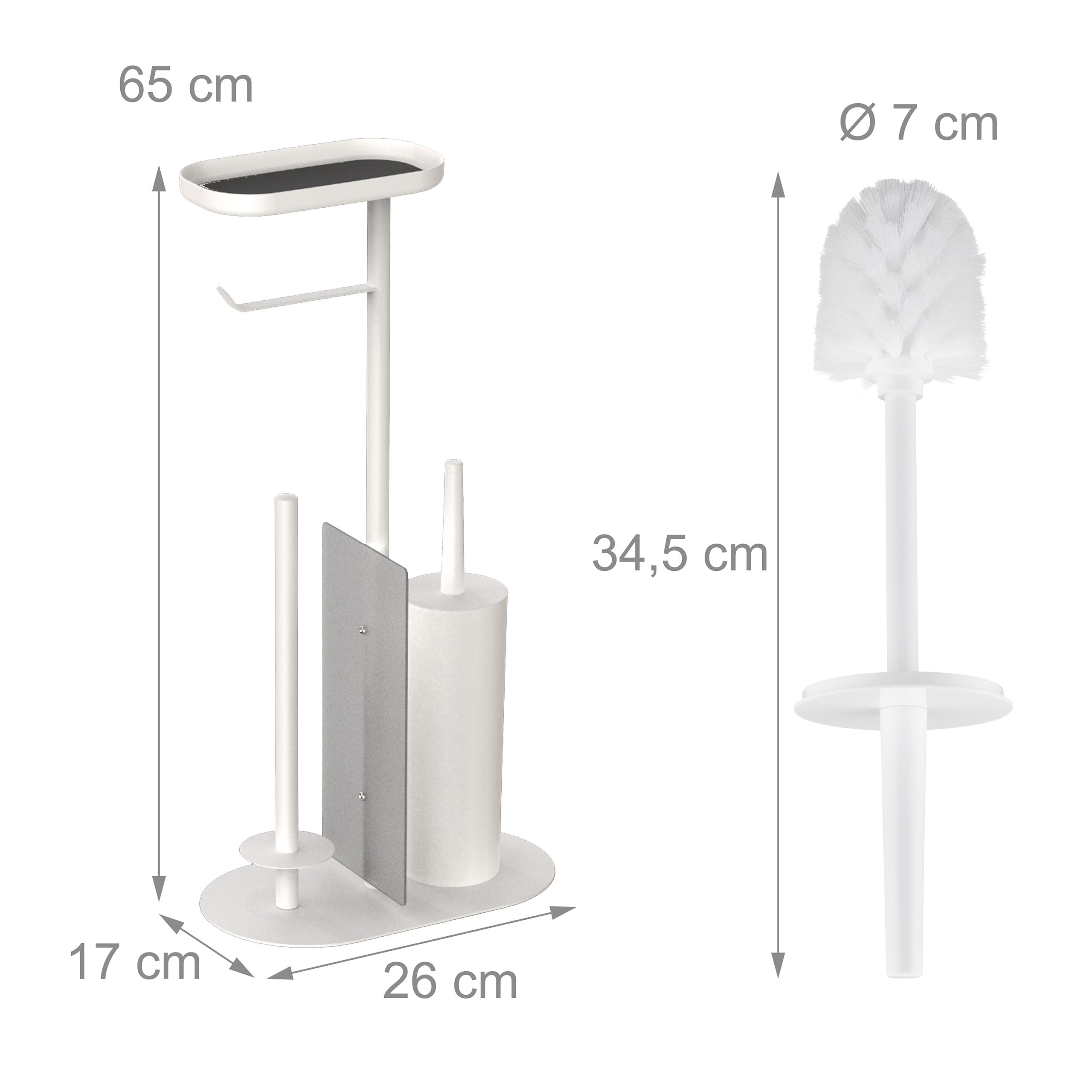 Juego de baño Relaxdays, HxBxT: 65 x 26 x 17 cm, Soporte de Papel higiénico, escobilla, portarrollos, Estante, Blanco