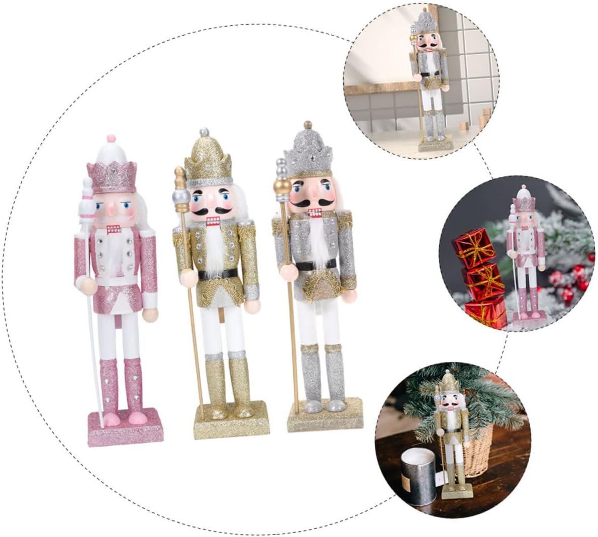 3pcs Wooden Nutcracker Soldier Figurines Glitter Holiday Nutcracker Christmas Decor Collectible Tabletop Ornaments for Festive Party